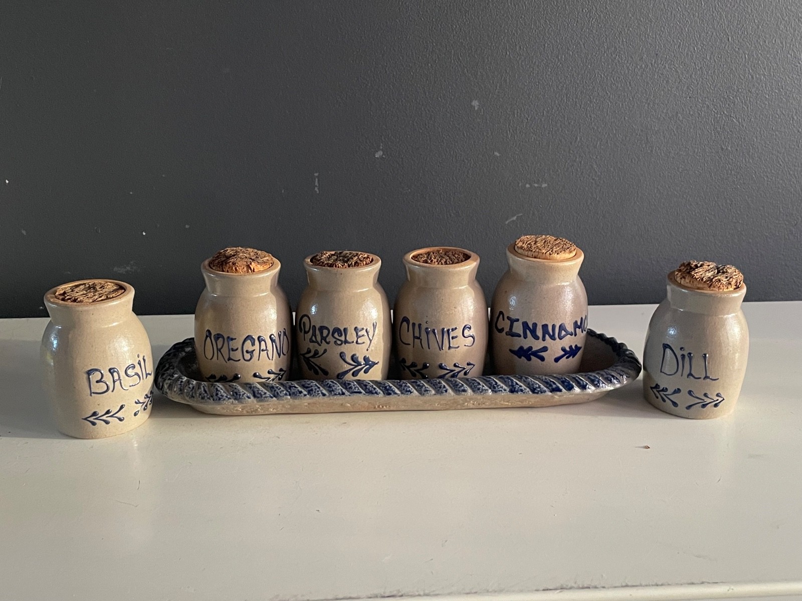 Vintage Rowe Pottery Works RPW 1992 Herb Spice Jar Set of 6 w Tray Cork Lids