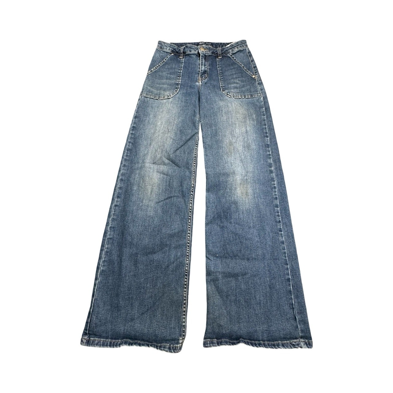 Toxik3 Jeans Women M 38 Blue Wide Leg Flare Patch Pocket High Rise Distressed