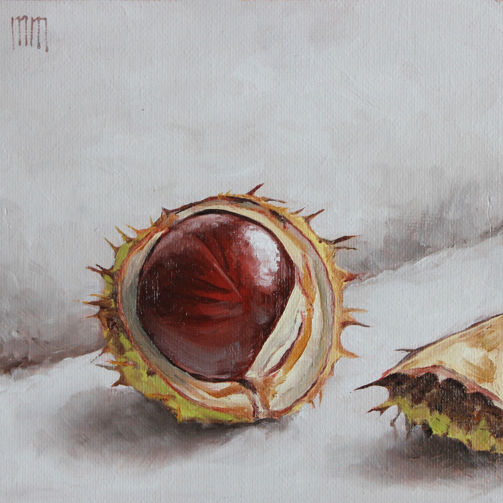 Original Chestnut Oil Painting, Autumn Still Life, Hand-Painted Fall Art, 6x6 in
