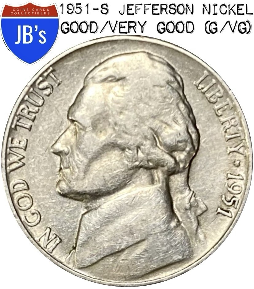 1951-S Jefferson Nickel 5c - SEMI KEY DATE - Circulated Good/Very Good (G/VG) 1951-S Jefferson Nickel 5c - SEMI KEY DATE - Circulated Good/Very Good (G/VG)