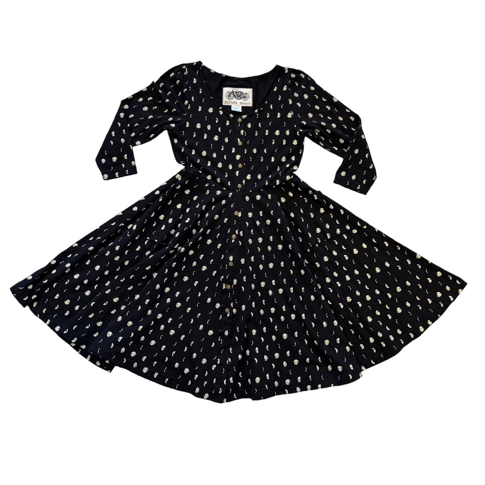 Effie\'s Heart Meadow Dress Mond Moon Phase Black Cotton Midi Pockets Size M