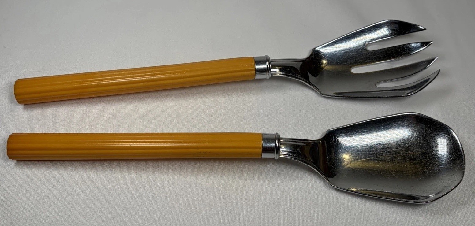 VTG Chase USA Butterscotch Bakelite Handle Chrome Art Deco Server Set Fork Spoon