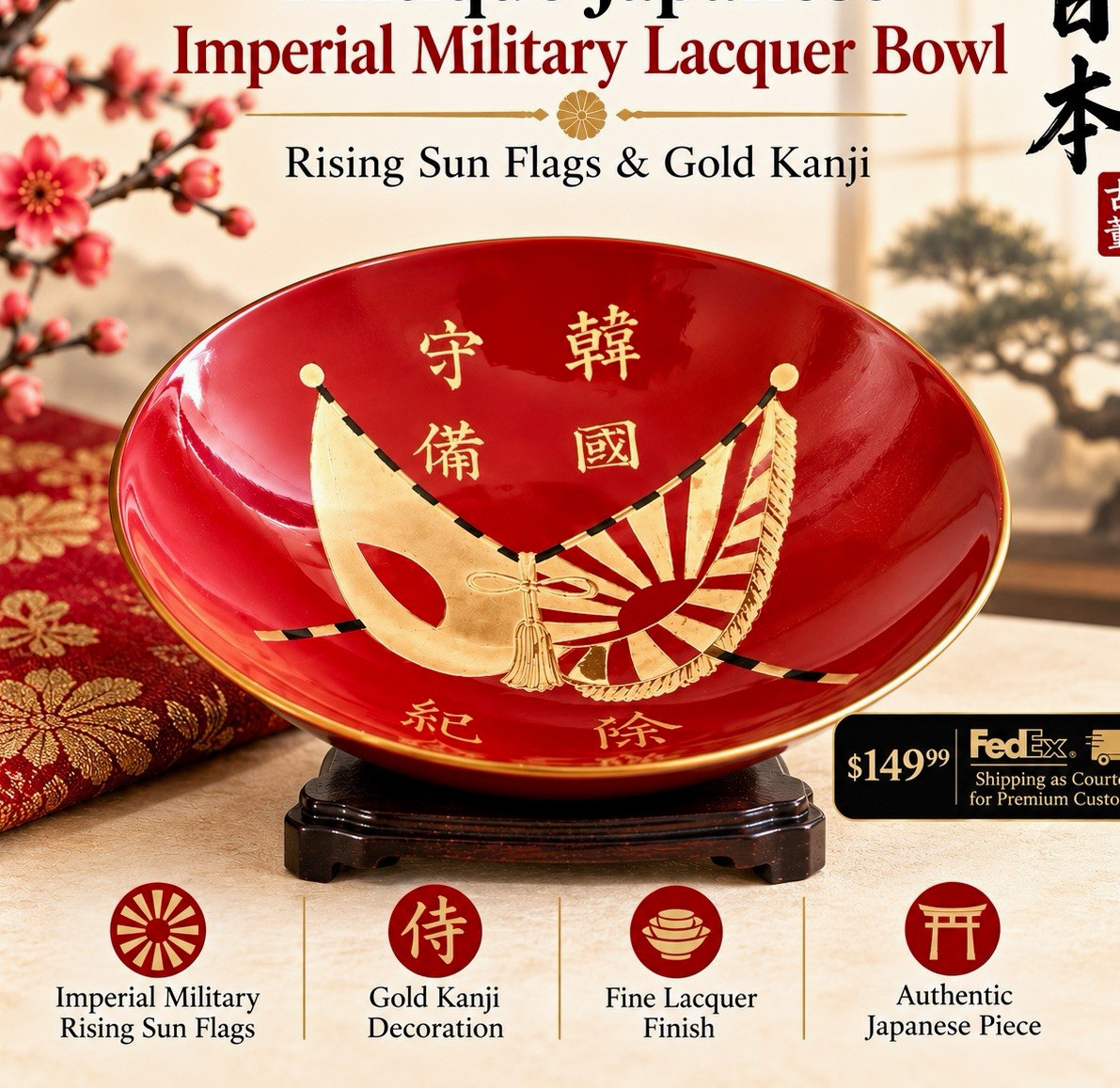 Antique Japanese Imperial Military Lacquer Bowl – c. 1900–1930 – Rising Sun Flag