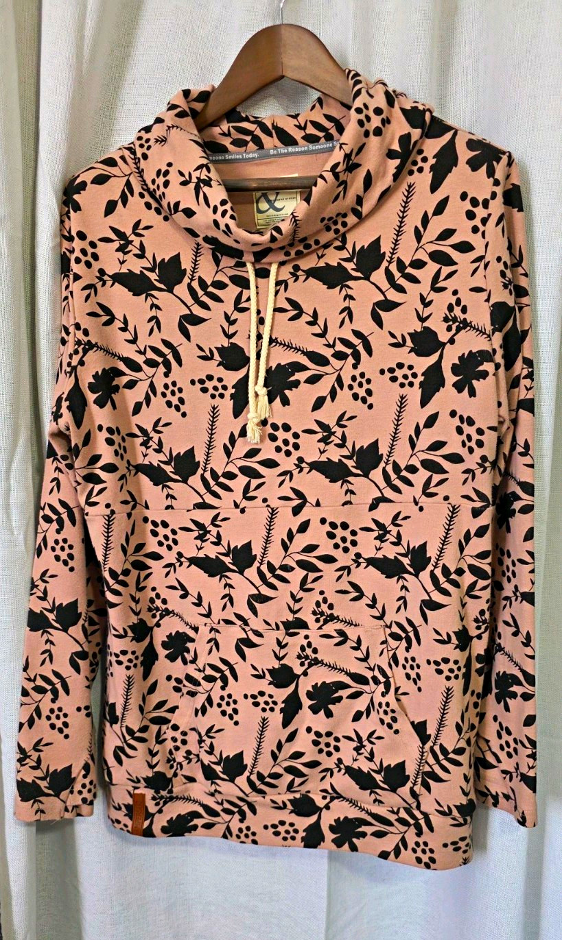 Ampersand Avenue Floral Pink/Black Cowl Neck Pullover Hoodie Pockets 2XL