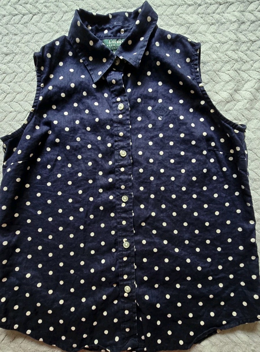 Lauren Ralph Lauren Petite Medium 100% Linen Polka Dot Sleeveless Blouse