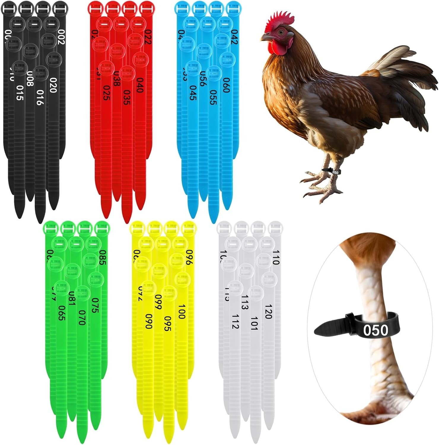 120 Pcs Adjustable Numbered Chicken Leg Bands Colorful Poultry Rings 10-30mm 120 Pcs Adjustable Numbered Chicken Leg Bands Colorful Poultry Rings 10-30mm