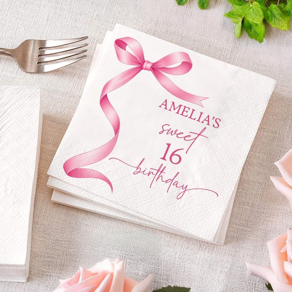 Custom Sweet 16 Napkins Personalized Birthday Party Pink Bow Theme VK16271