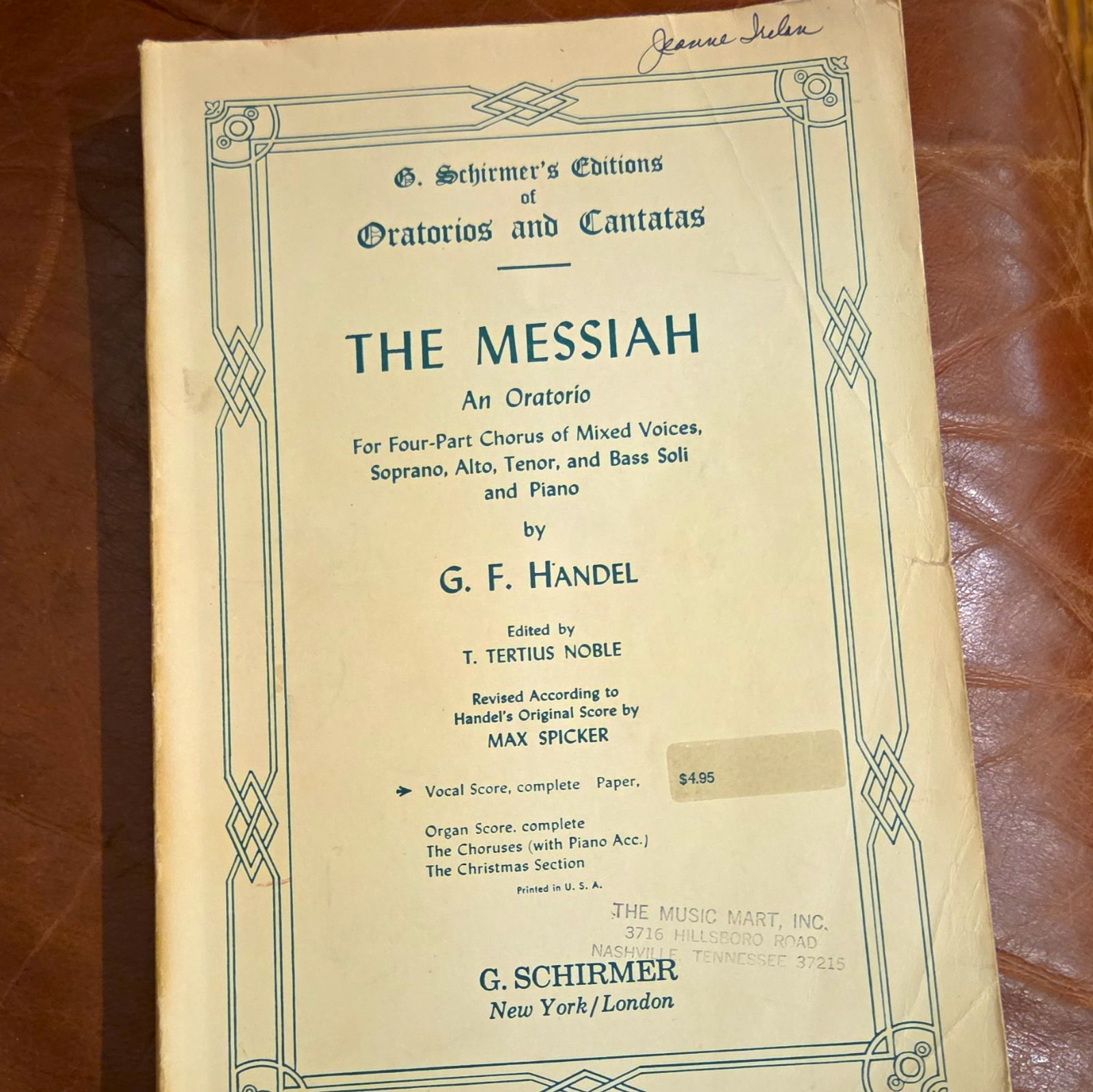 G. Schirmer Handel The Messiah Oratorio Complete Vocal Score for Choir & Piano