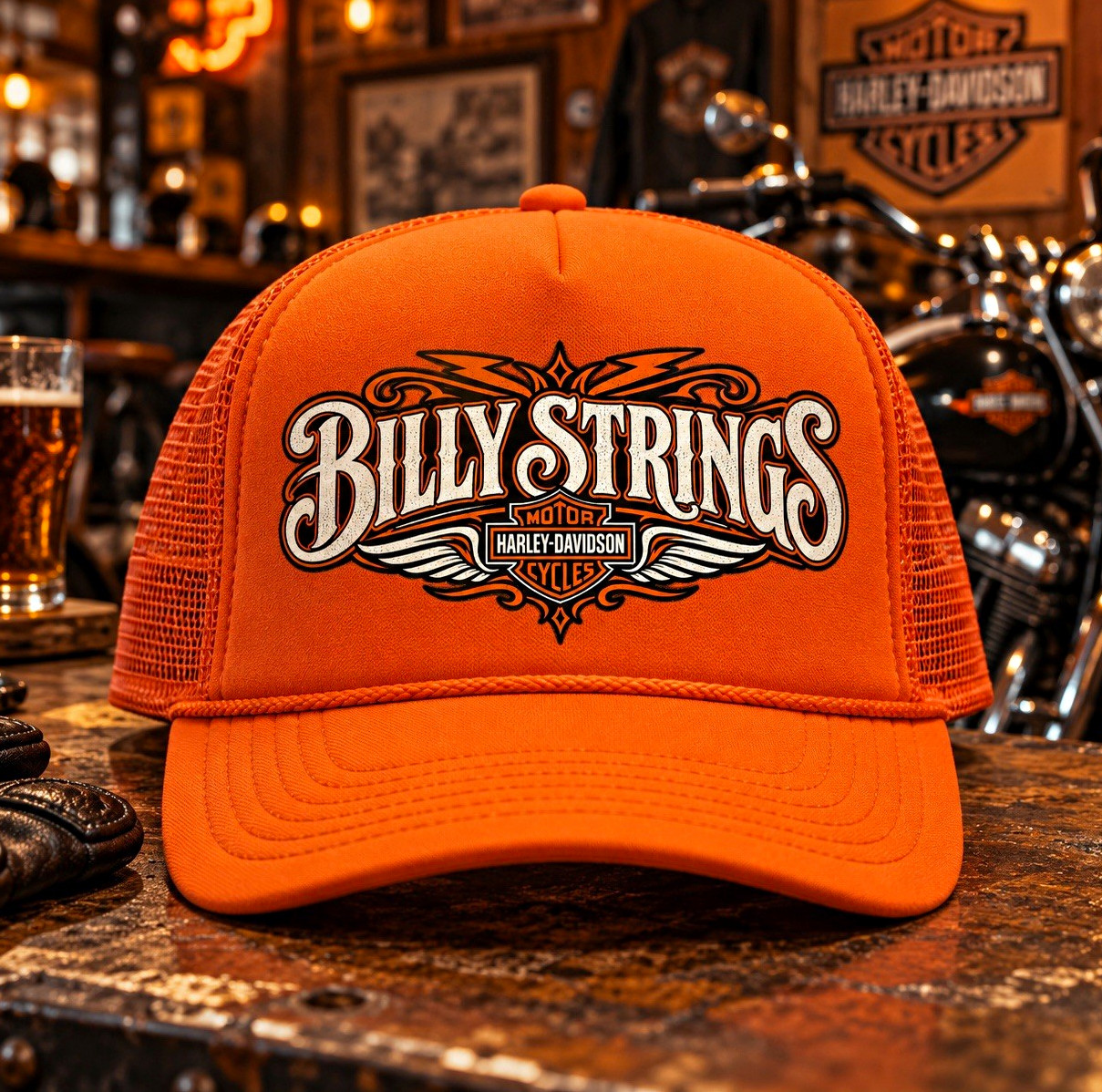 Harley-Davidson Billy Strings Motor Cycles Orange Trucker Hat Harley-Davidson Billy Strings Motor Cycles Orange Trucker Hat