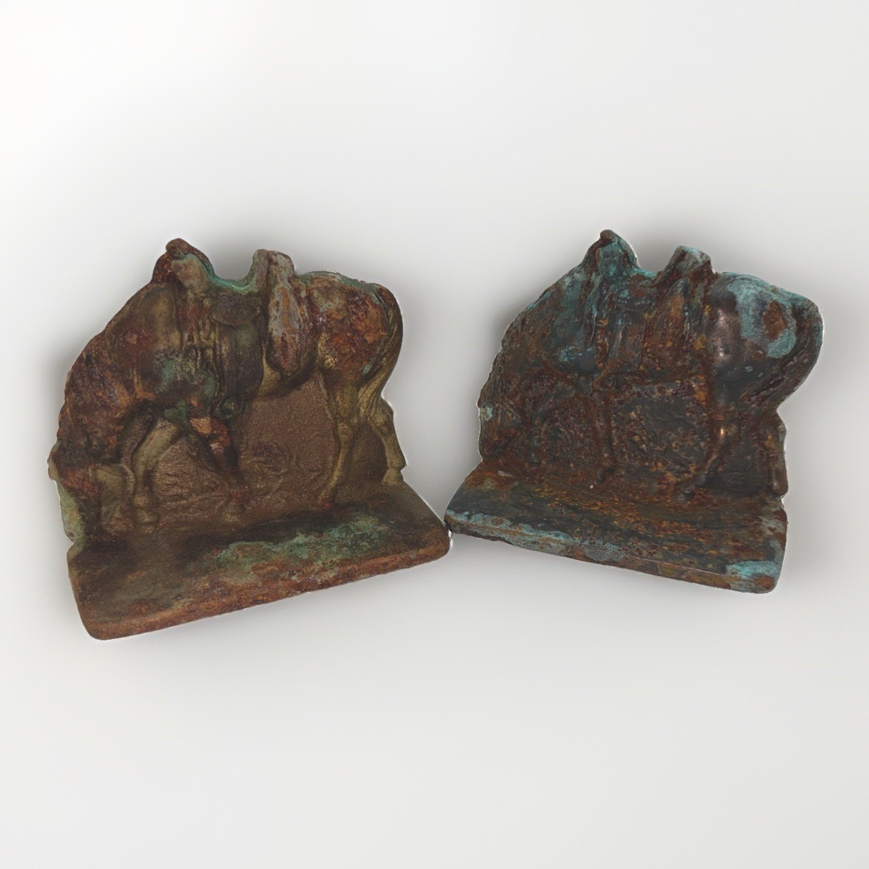 Vintage Cast Metal Western Horse Bookends Saddled Equine Rustic Verdigris Pair