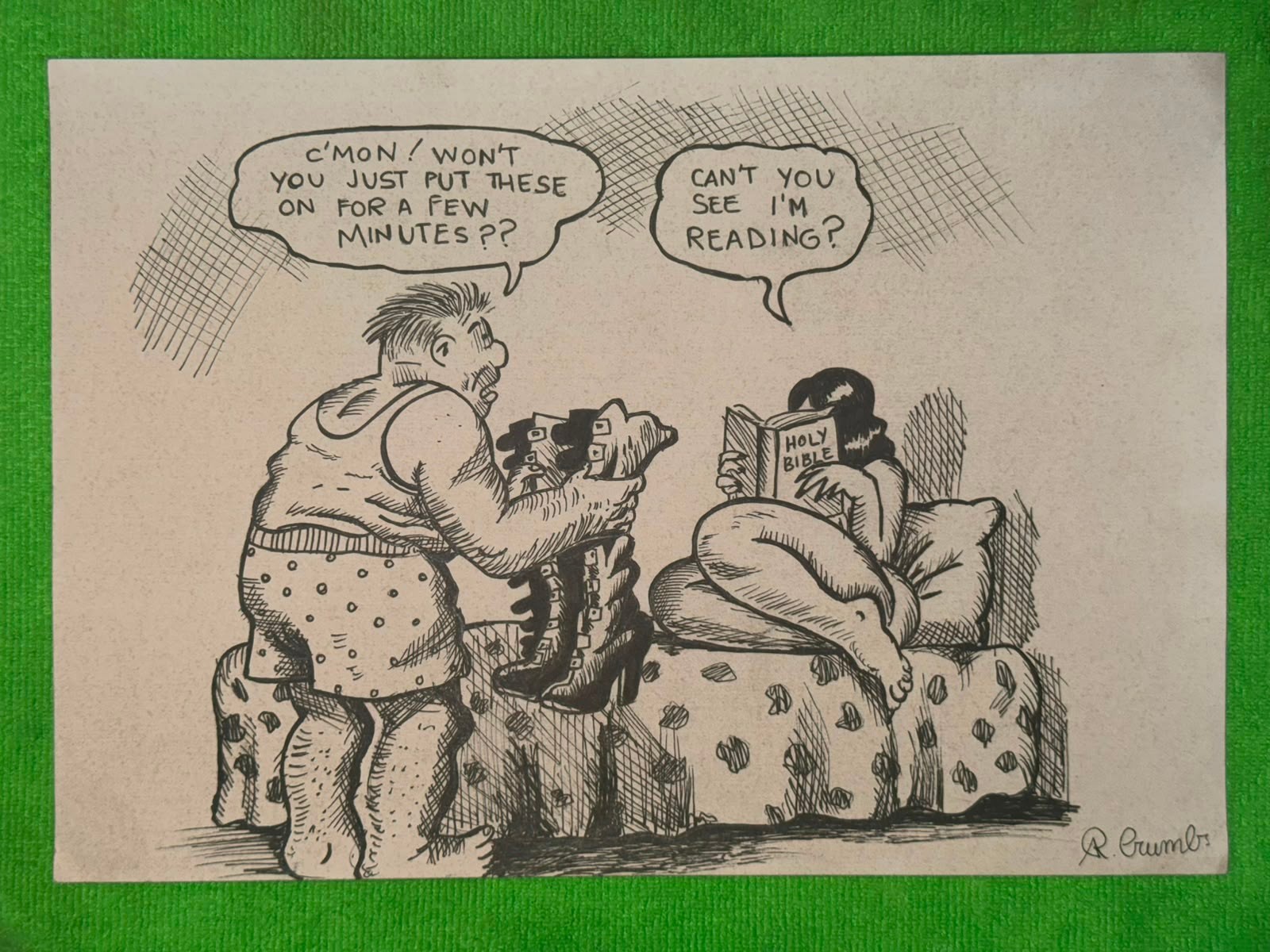 ROBERT CRUMB drawing and painting on old paper signed stamped vintage