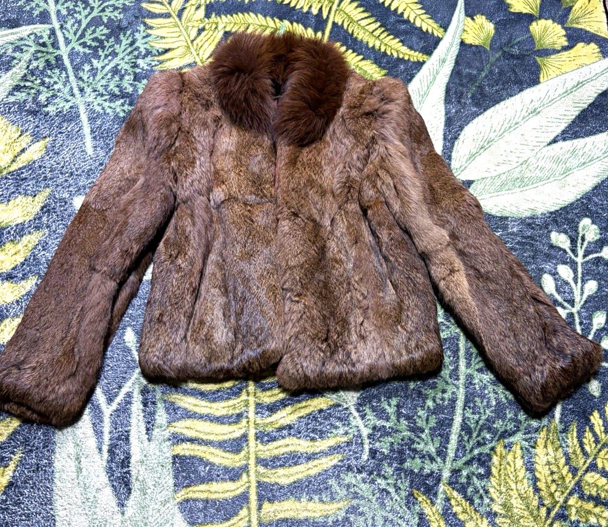 VTG 60s Women\'s Brown 100% outer rabbit fur Jacket Fur Trim Collar made in korea