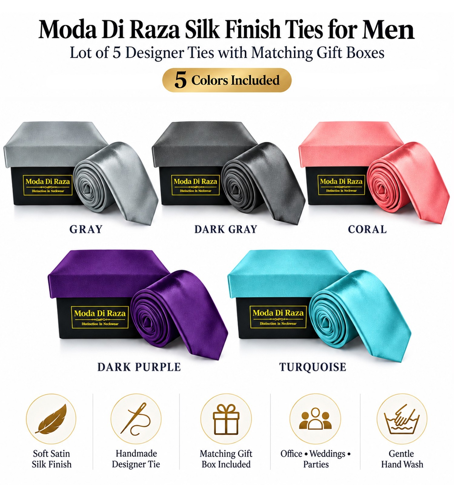 Wholesale Lot of 5 Silk Finish Ties for Men – Solid Color Mens Tie with Gift Box