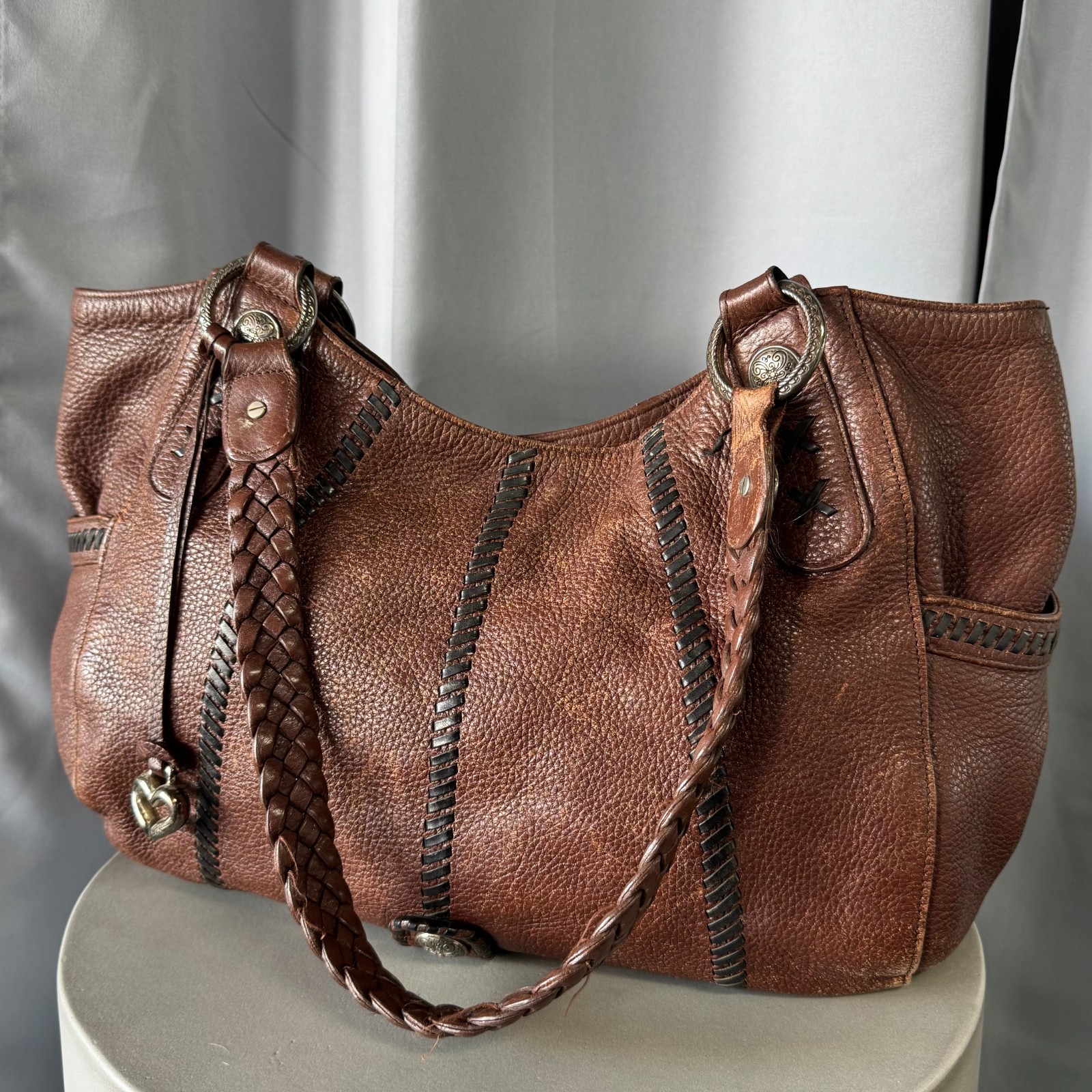 Vintage Brighton Western Woven Shoulder Pebble Leather Barbados Bag Purse Hobo
