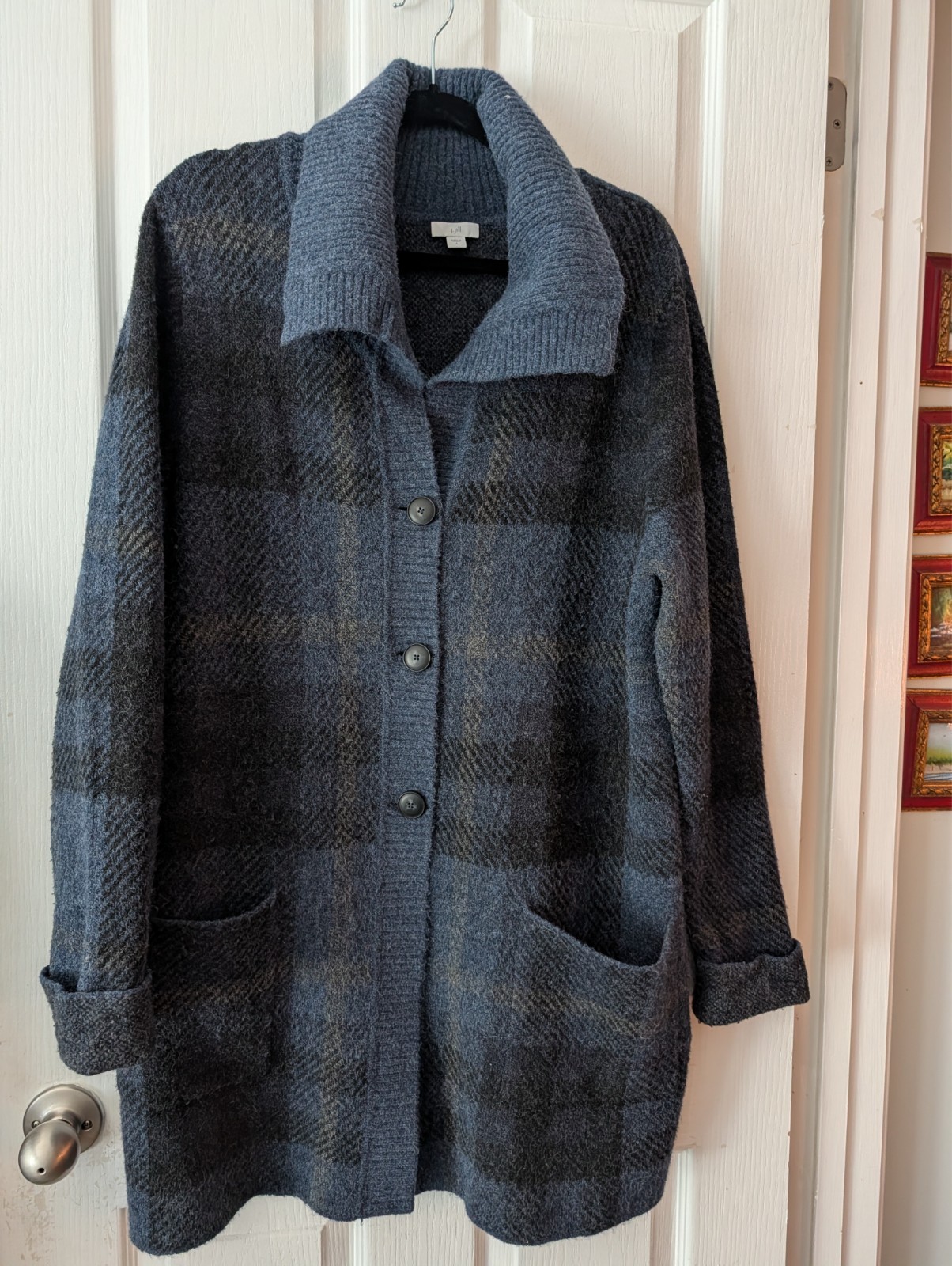 J. Jill Cardigan Sweater Women Large Blue Black Plaid Shawl Collar Wool Blend J. Jill Cardigan Sweater Women Large Blue Black Plaid Shawl Collar Wool Blend