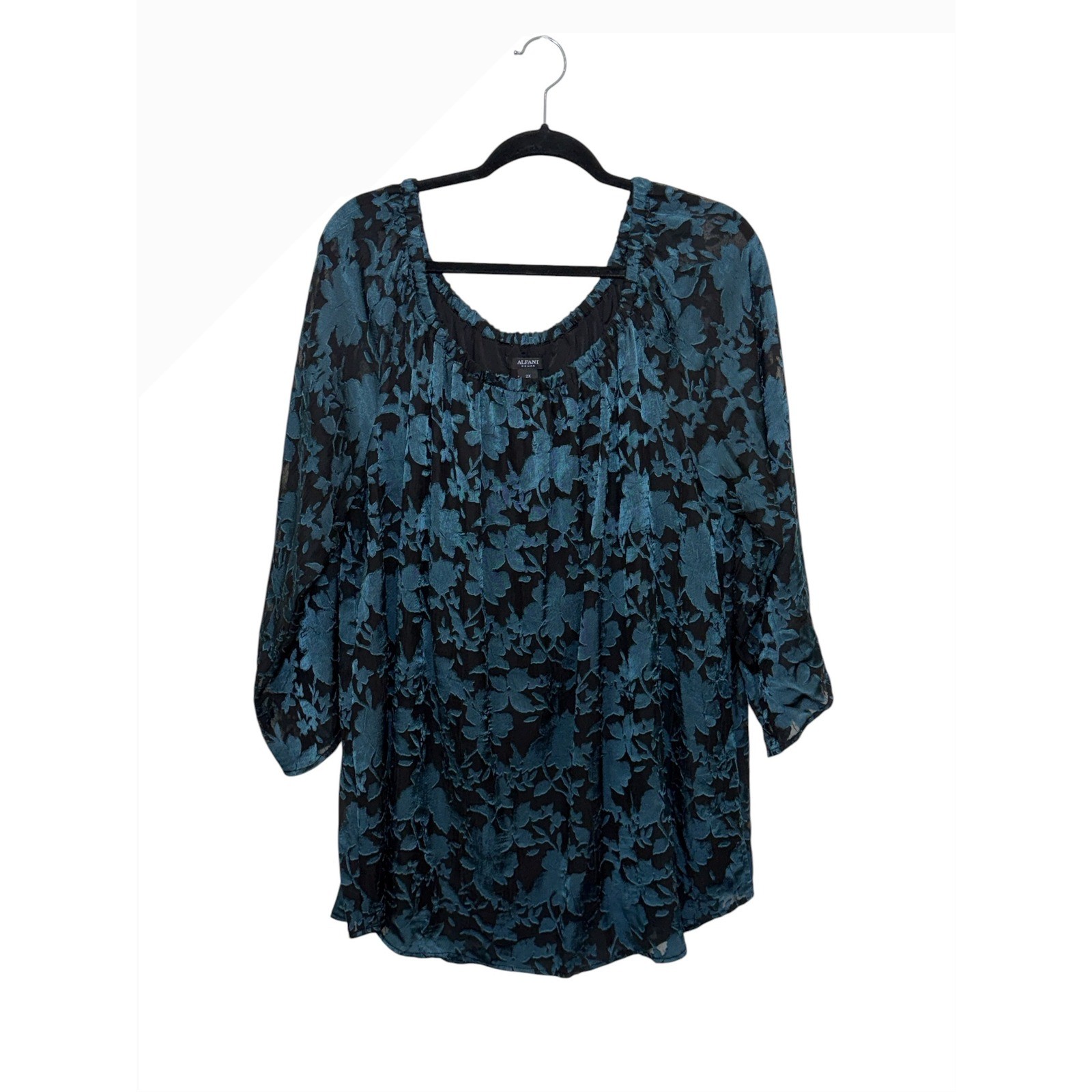 Alfani Womens Black Turquoise Floral Sheer Velvet Burnout Blouse Plus Size 2X