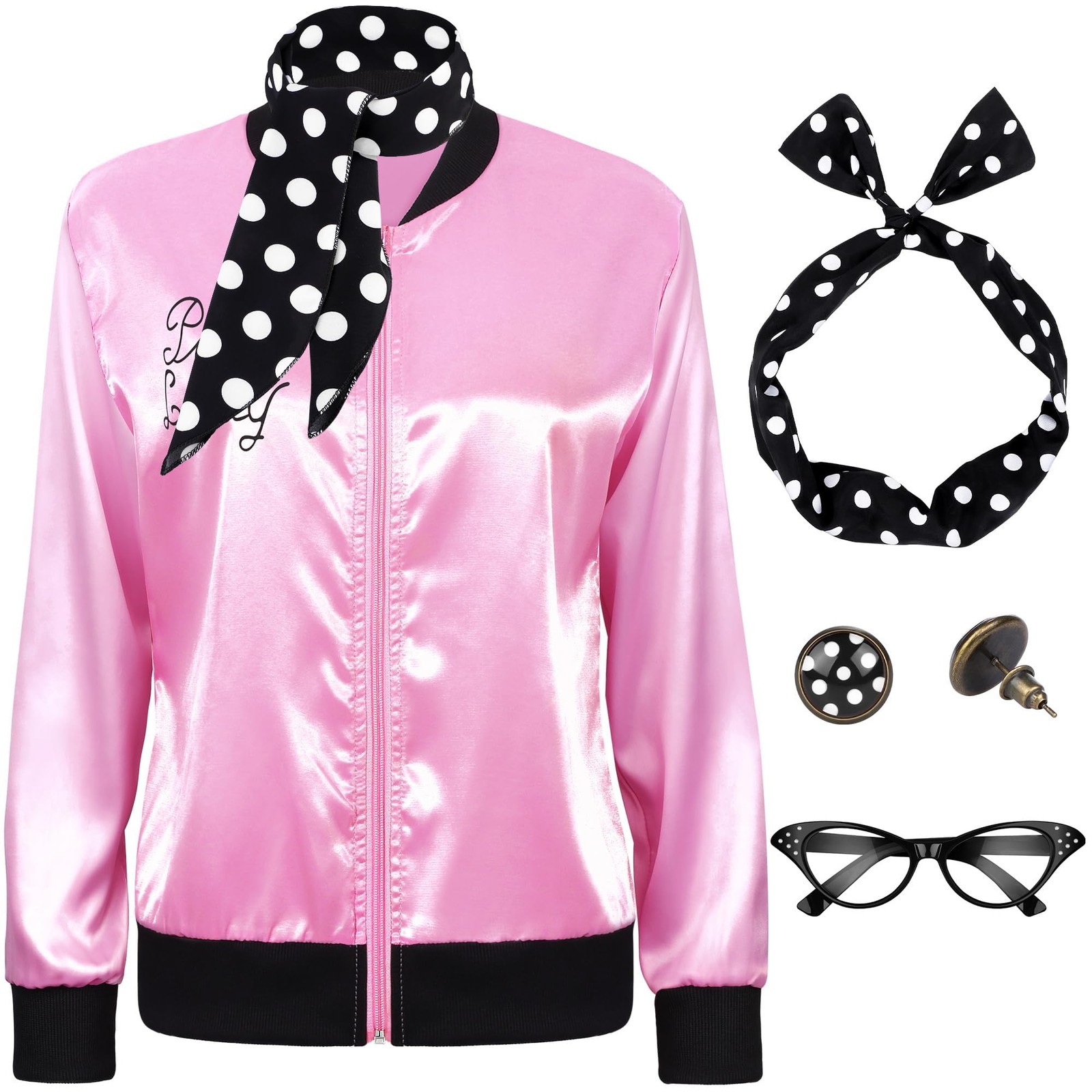 SOMSOC 5 Pieces 1950s Women Pink Satin Jacket with Polka Dot Large,