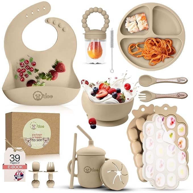 O'Doe Baby Weaning Set – 15 Pcs Silicone Baby Feeding Set. (Beige)