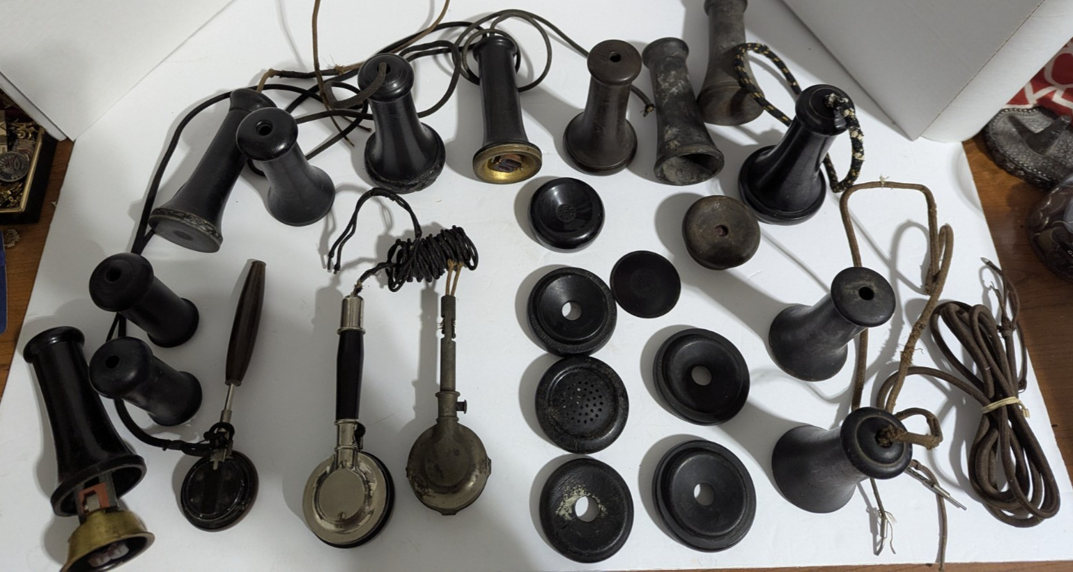 ANTIQUE PHONE PARTS LOT Early 1900’s Telephone Receivers Cords Candlestick Wall