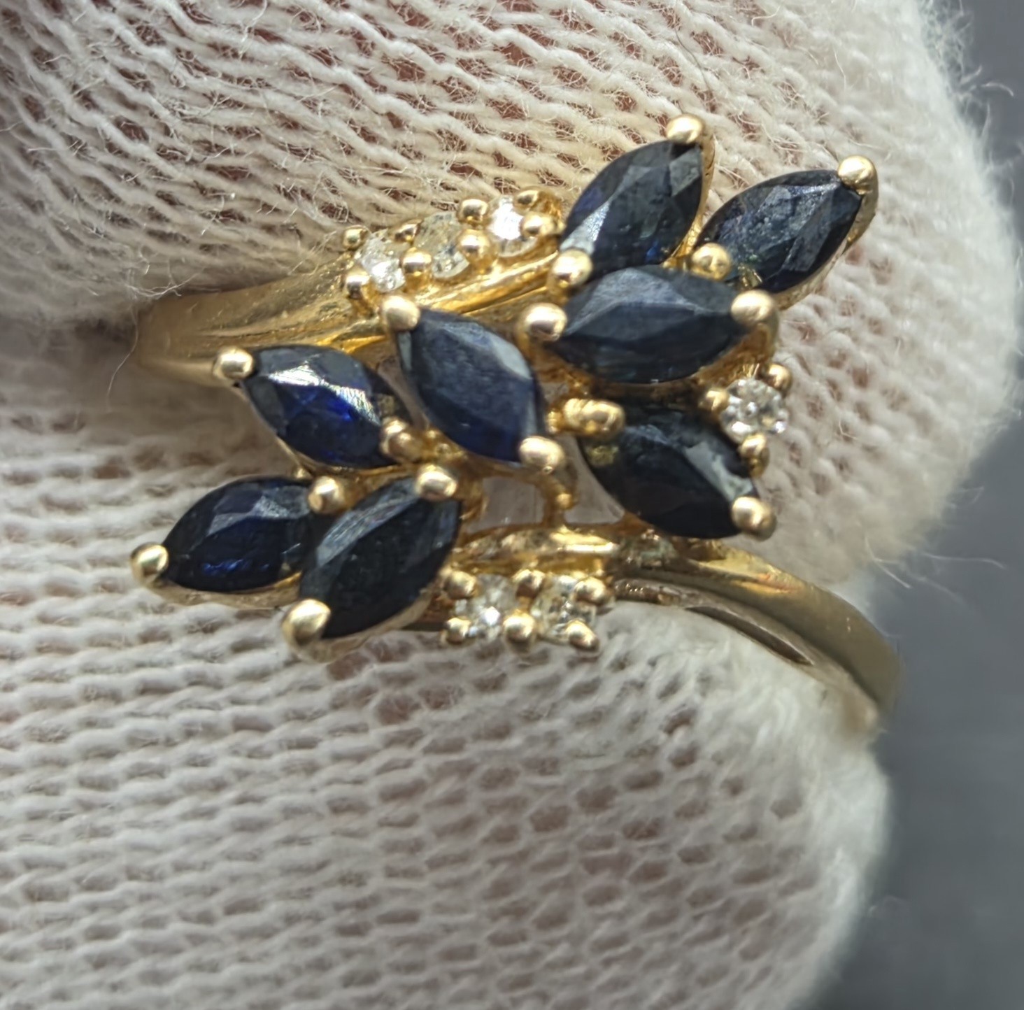 Vintage 10k Yellow Gold Ring. Marquise, Deep Blue Sapphire, W/diamond. Sz 6.75