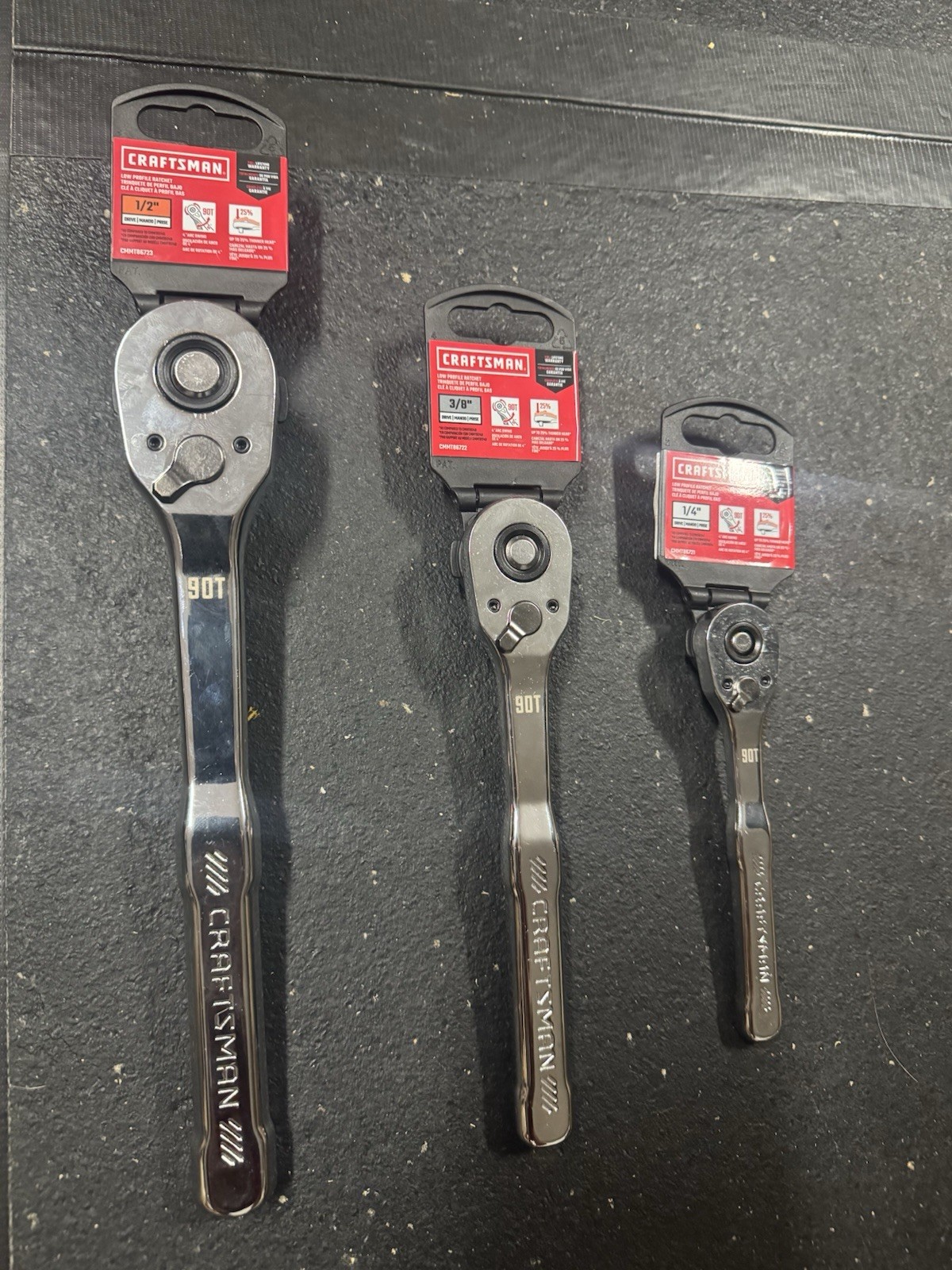Craftsman 90 Tooth Ratchet Set. 1/4”, 3/8”, And 1/2” Low Profile. Lifetime Craftsman 90 Tooth Ratchet Set. 1/4”, 3/8”, And 1/2” Low Profile. Lifetime