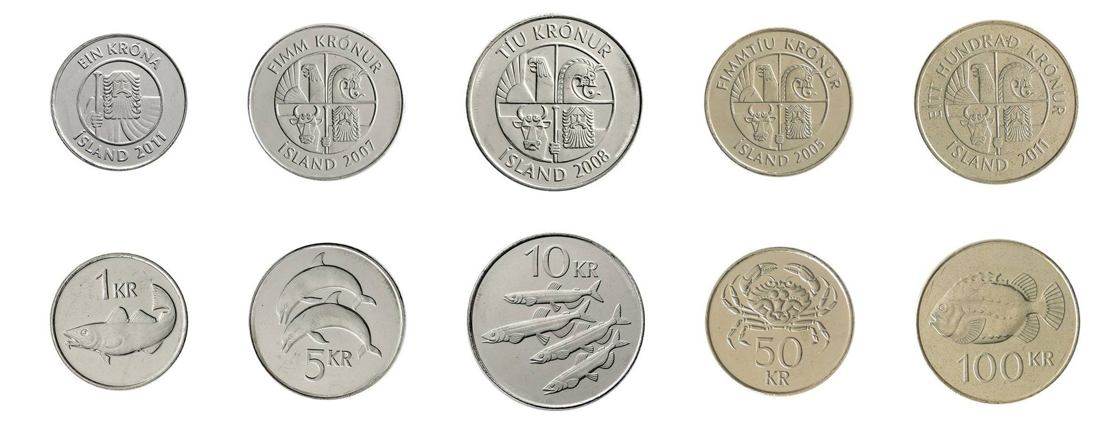 Iceland 1-100 Kronur 5 Pieces Set, 1987-2011, KM #27a-35, Mint Iceland 1-100 Kronur 5 Pieces Set, 1987-2011, KM #27a-35, Mint