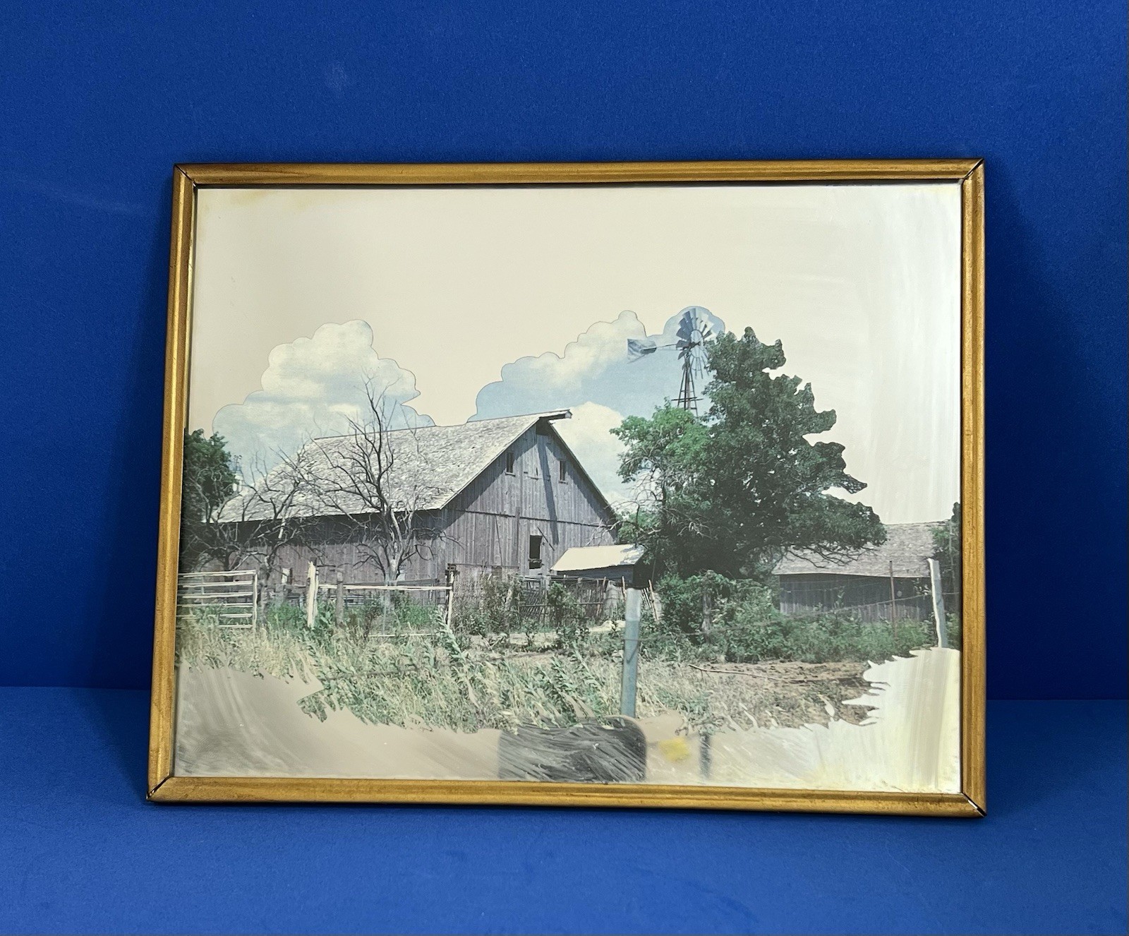 Vintage Framed Copper Plated Mirror Gray Barn with Windmill Vintage Framed Copper Plated Mirror Gray Barn with Windmill
