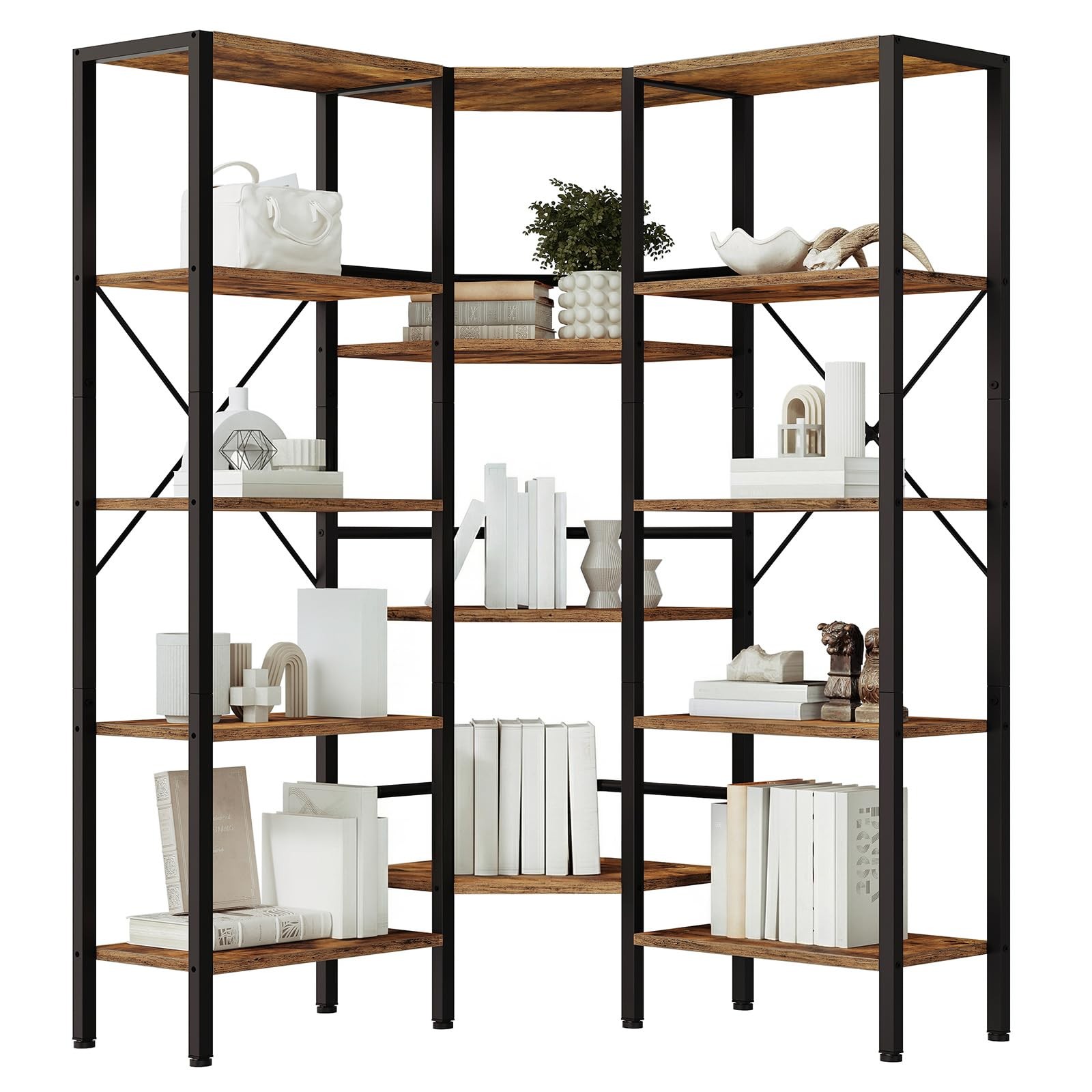 Hoobro Industrial Corner Bookshelf 5-Tier L-Shaped Bookcase Open Display Hoobro Industrial Corner Bookshelf 5-Tier L-Shaped Bookcase Open Display