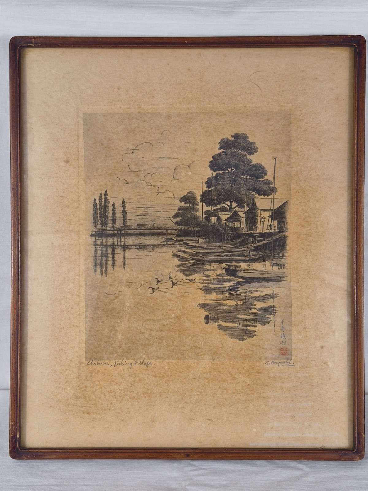 K. Hayashi Chibune Fishing Village Signed Japanese Etching Framed Vintage Art