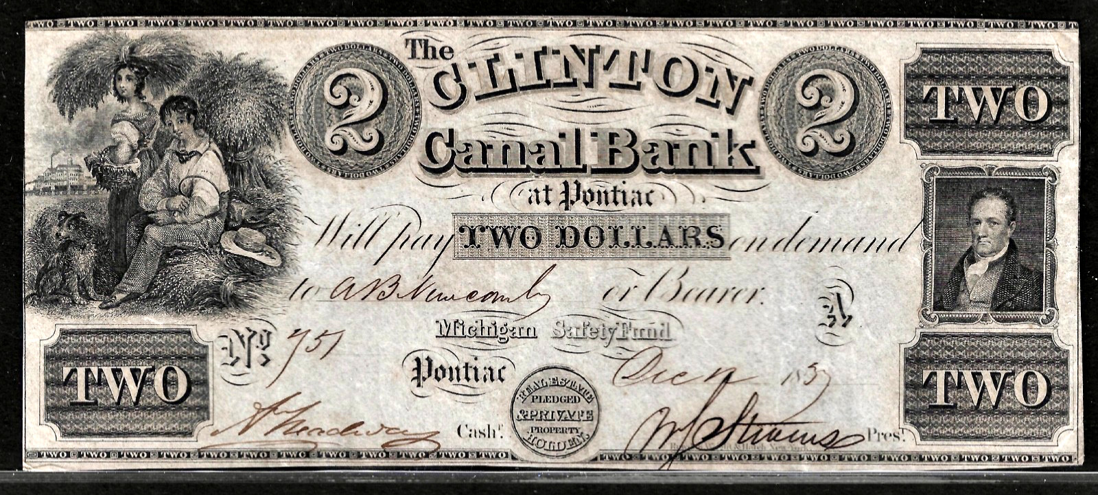 Dec 13, 1837 Pontiac Michigan The Clinton Canal Bank $2 Note Obsolete Banknote