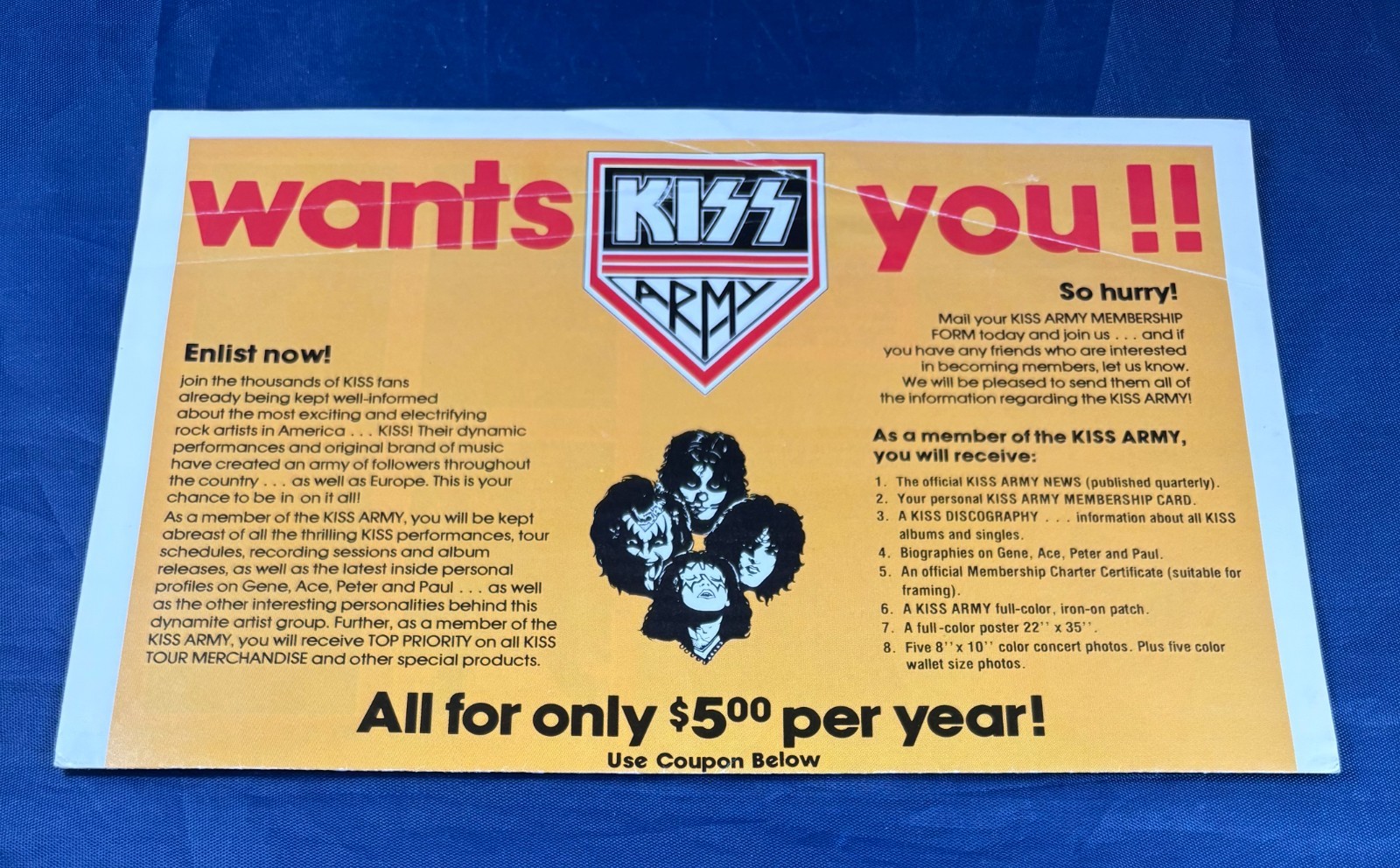 KISS Kiss Army Merchandise Insert merch vintage authentic 1977 Alive II era