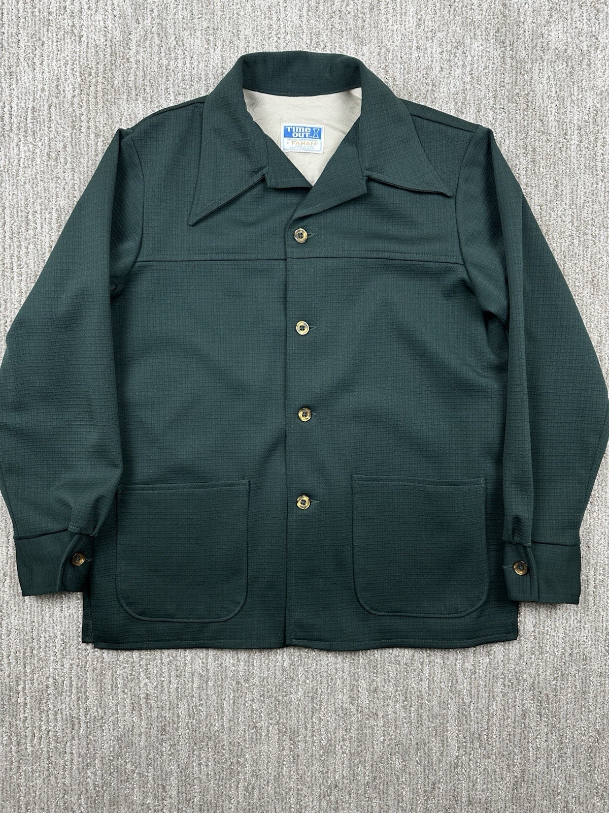Vtg 70\'s Time Out By Farah Leisure Suit Jacket Shirt Green Disco Collar Mens 44