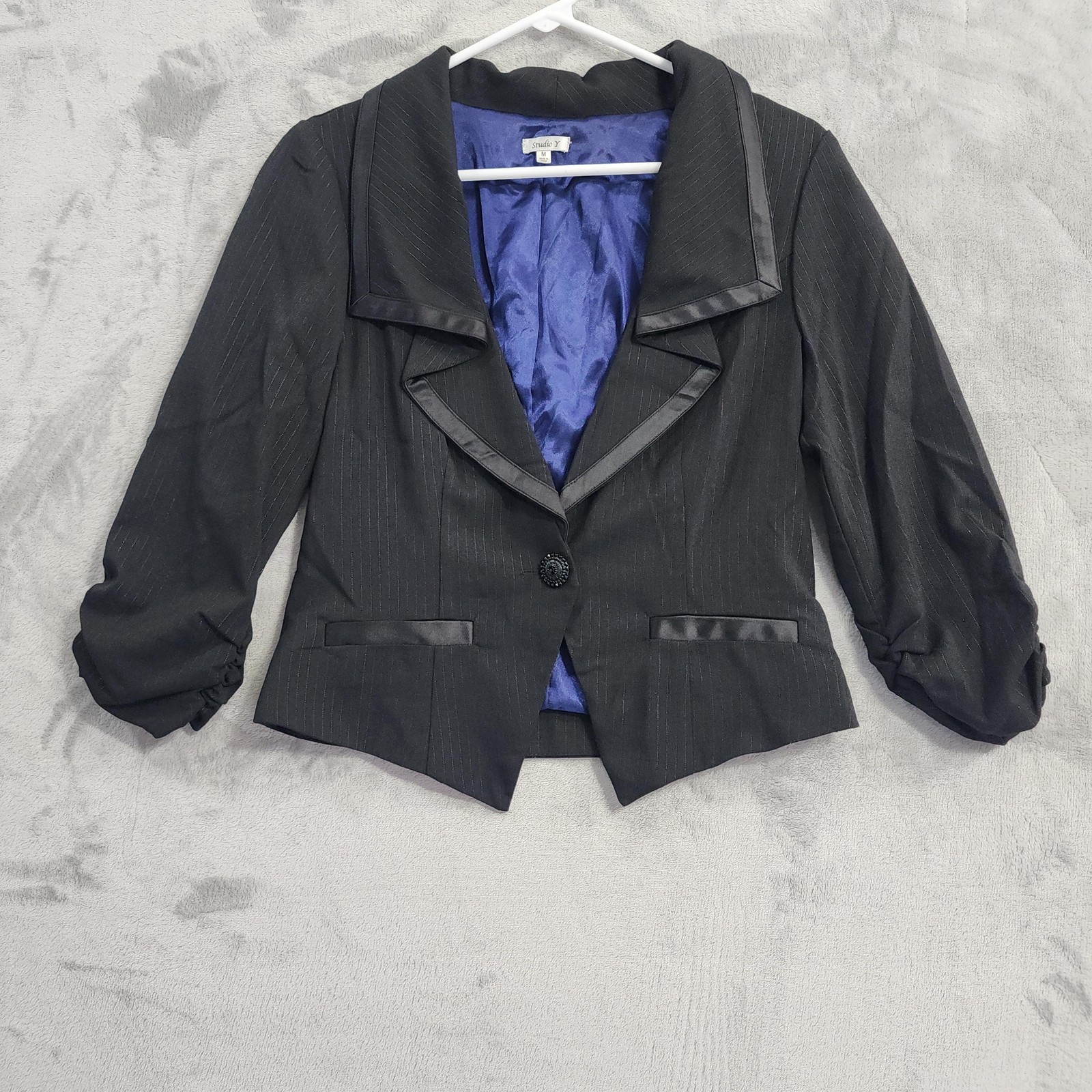Vintage Studio Y Blazer Womens M Black Pinstripe Satin Trim Ruched Sleeve Office