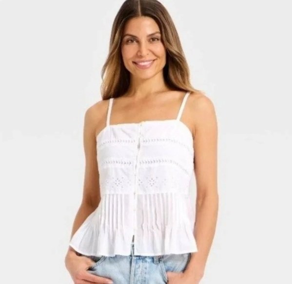Universal Thread Women\'s White Eyelet Pintuck Peplum Cami Tank Top XL NWT