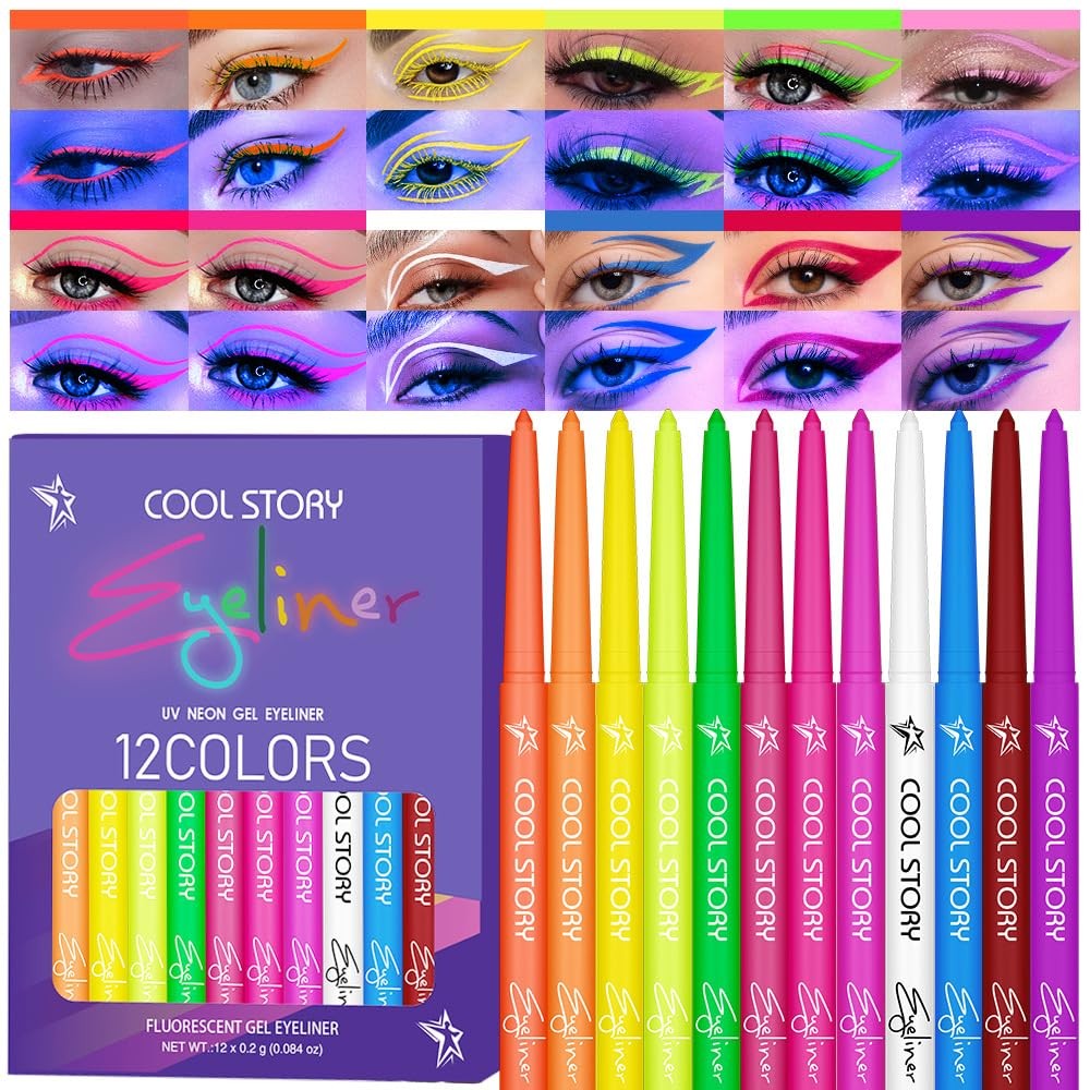 BestLand 12 Colors UV Neon Eyeliner – Festival Makeup, Glow in the Dark, Wate...