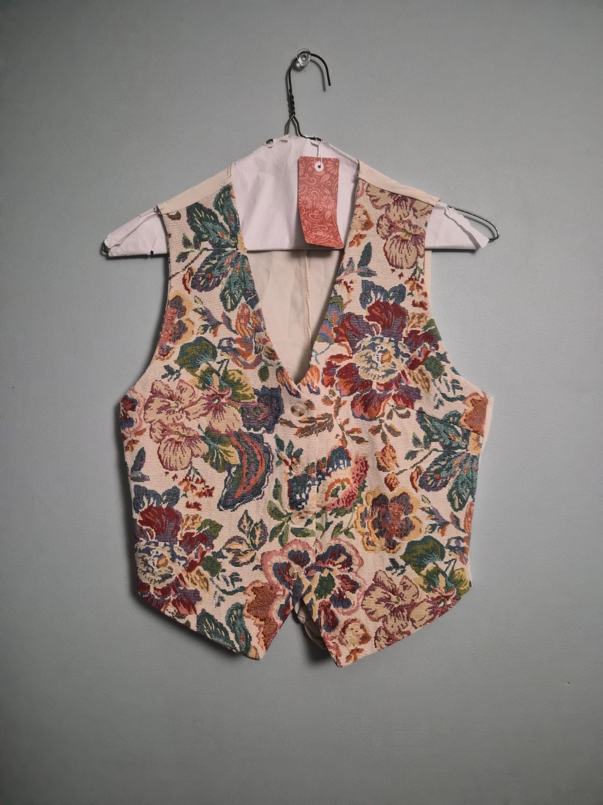 Vintage Inspired Floral Tapestry Tie-Front Vest Boho Cottagecore Whimsy Quirky M
