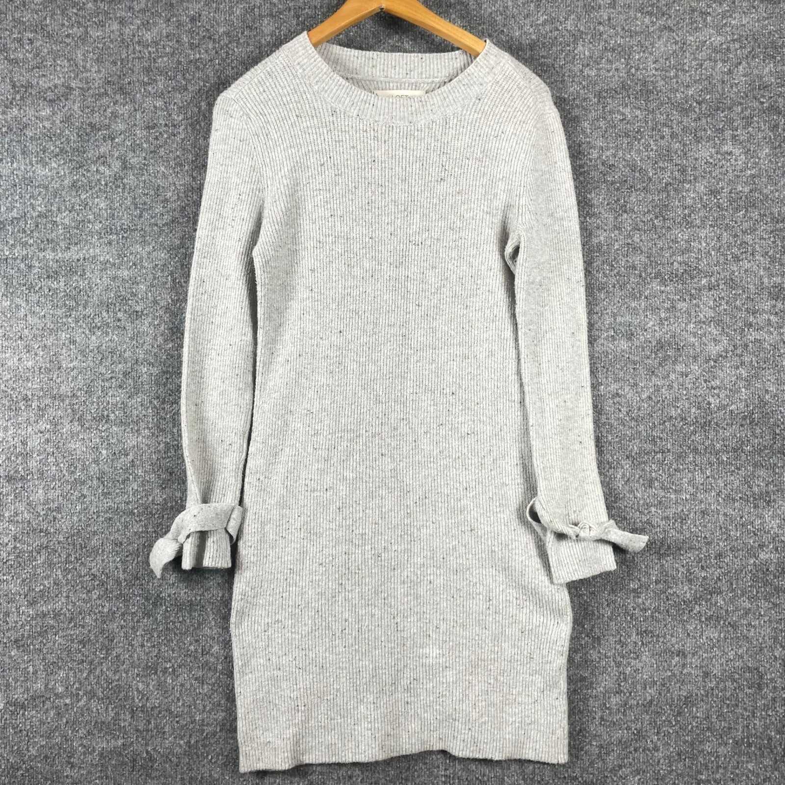 LOFT Sweater Dress Womens Small Gray Confetti Ribbed Knit Tie Sleeve Crew Neck LOFT Sweater Dress Womens Small Gray Confetti Ribbed Knit Tie Sleeve Crew Neck