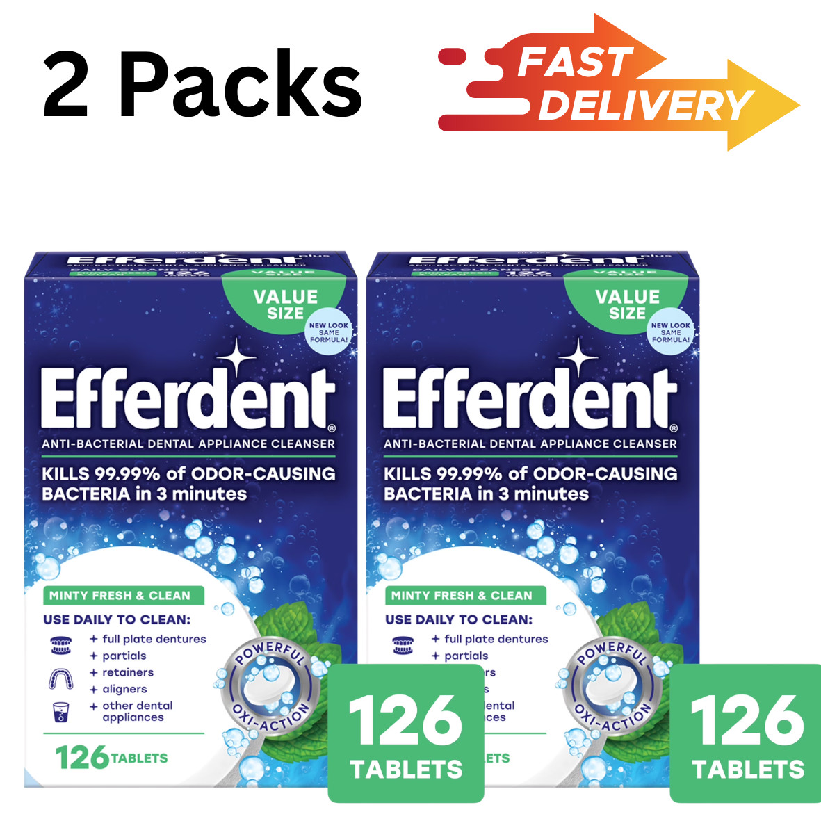 ( 2 Pack) Efferdent Denture & Retainer Cleaner Tablets, Mint, 126 Count.