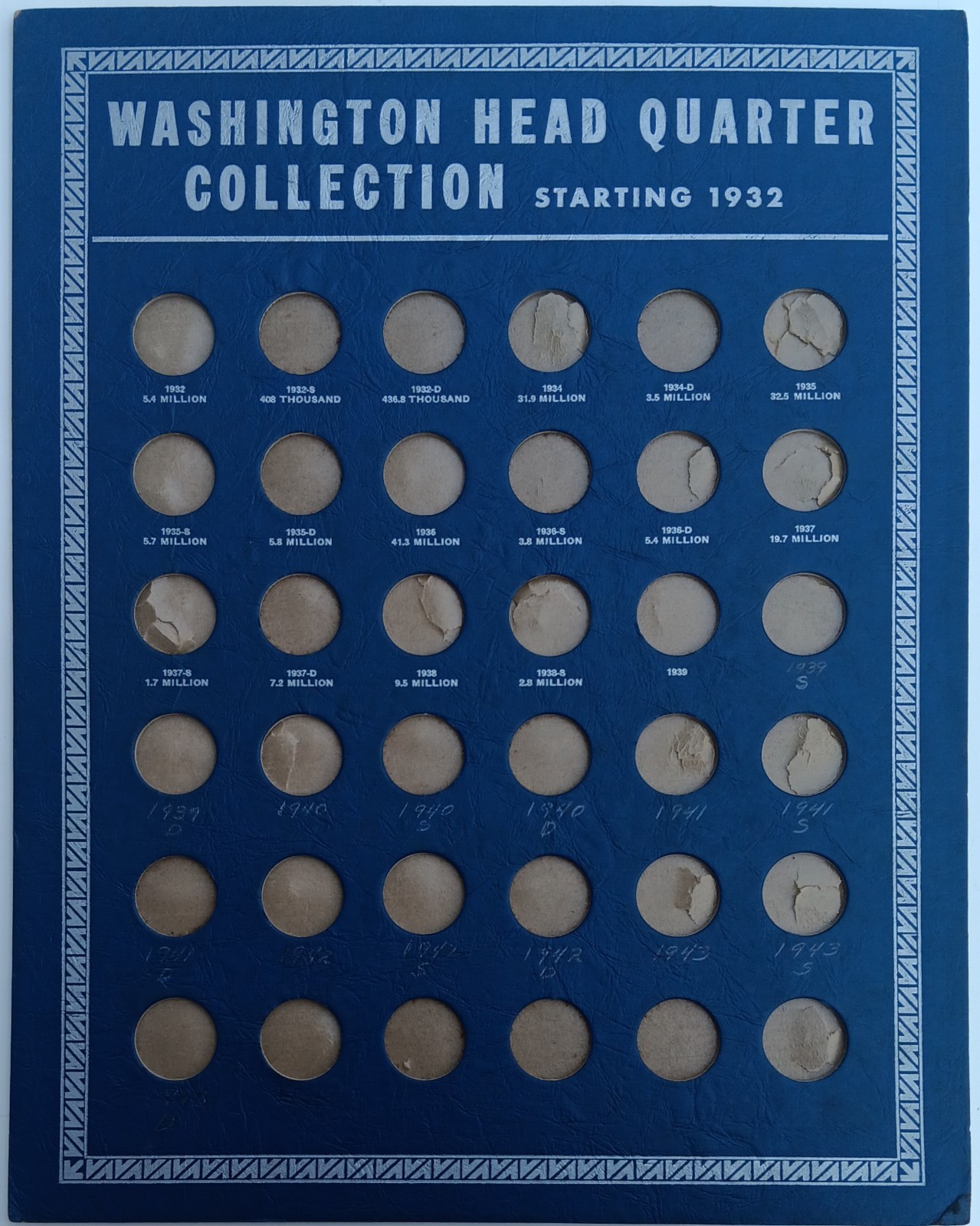 1939 Whitman 1932- Washington Head Quarter 25 Cent Collection No. 364 Coin Board