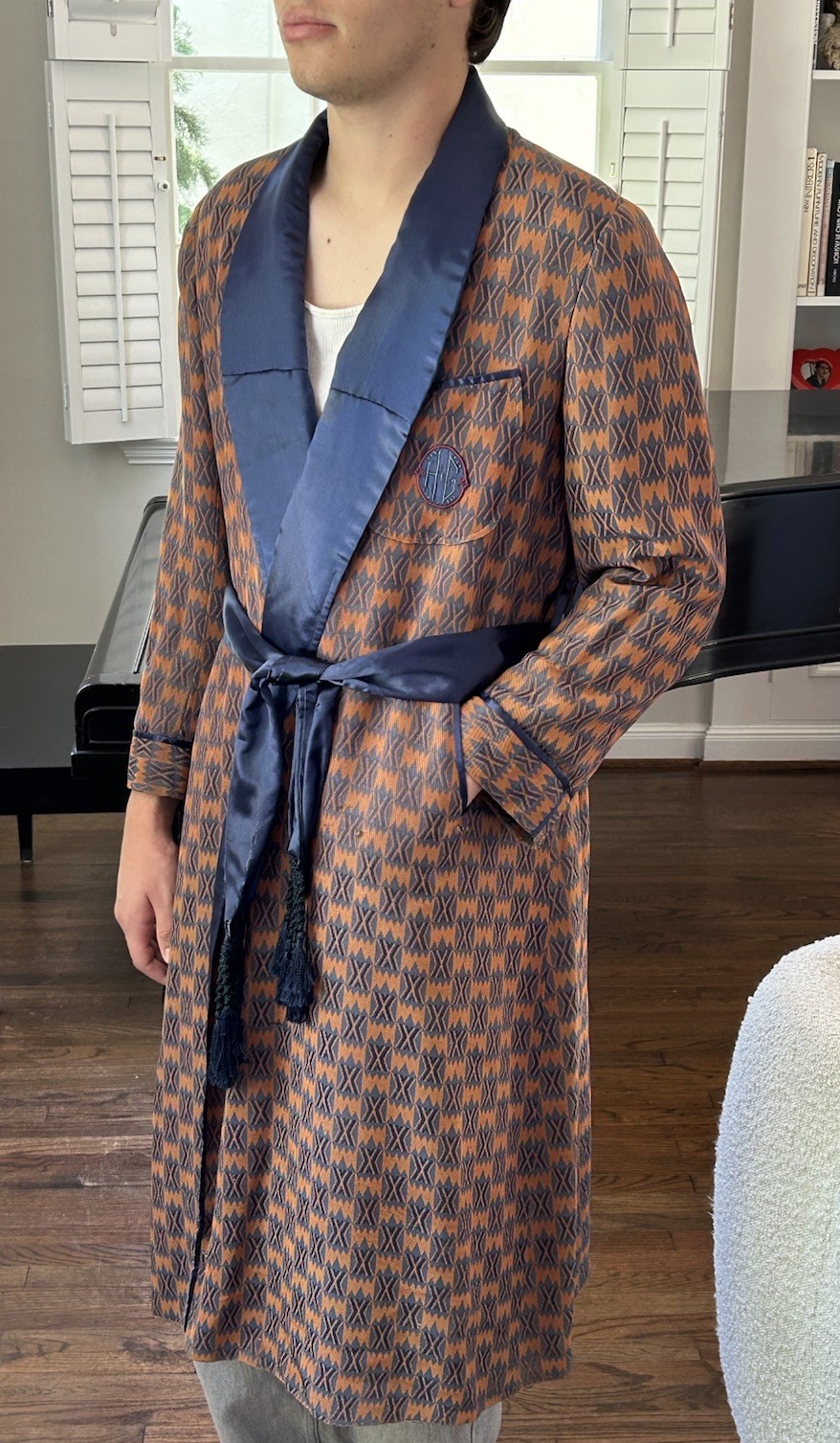 Vintage 40s A Sulka & Co Silk Brocade smoking robe L Belted Tassels
