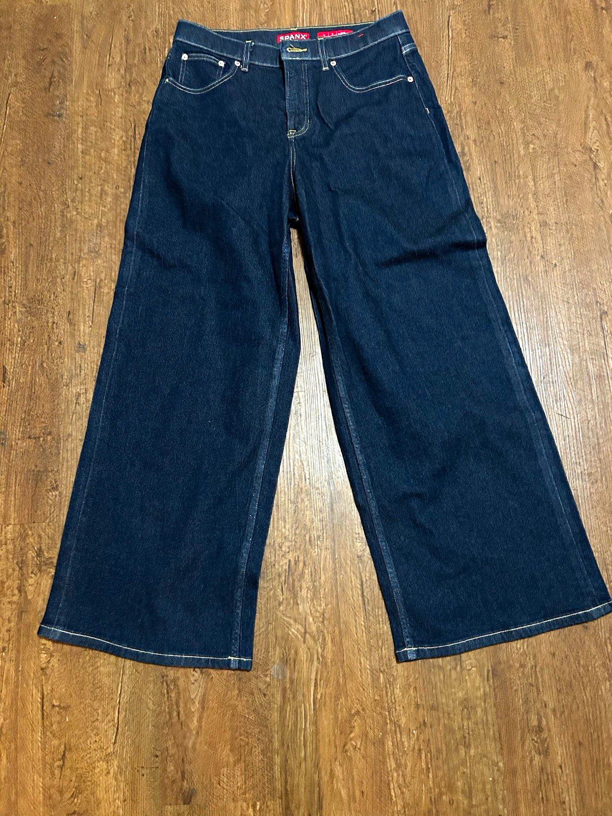 SPANX Women’s Large Petite Dark Indigo Wide Leg Jeans High Rise Stretch Denim