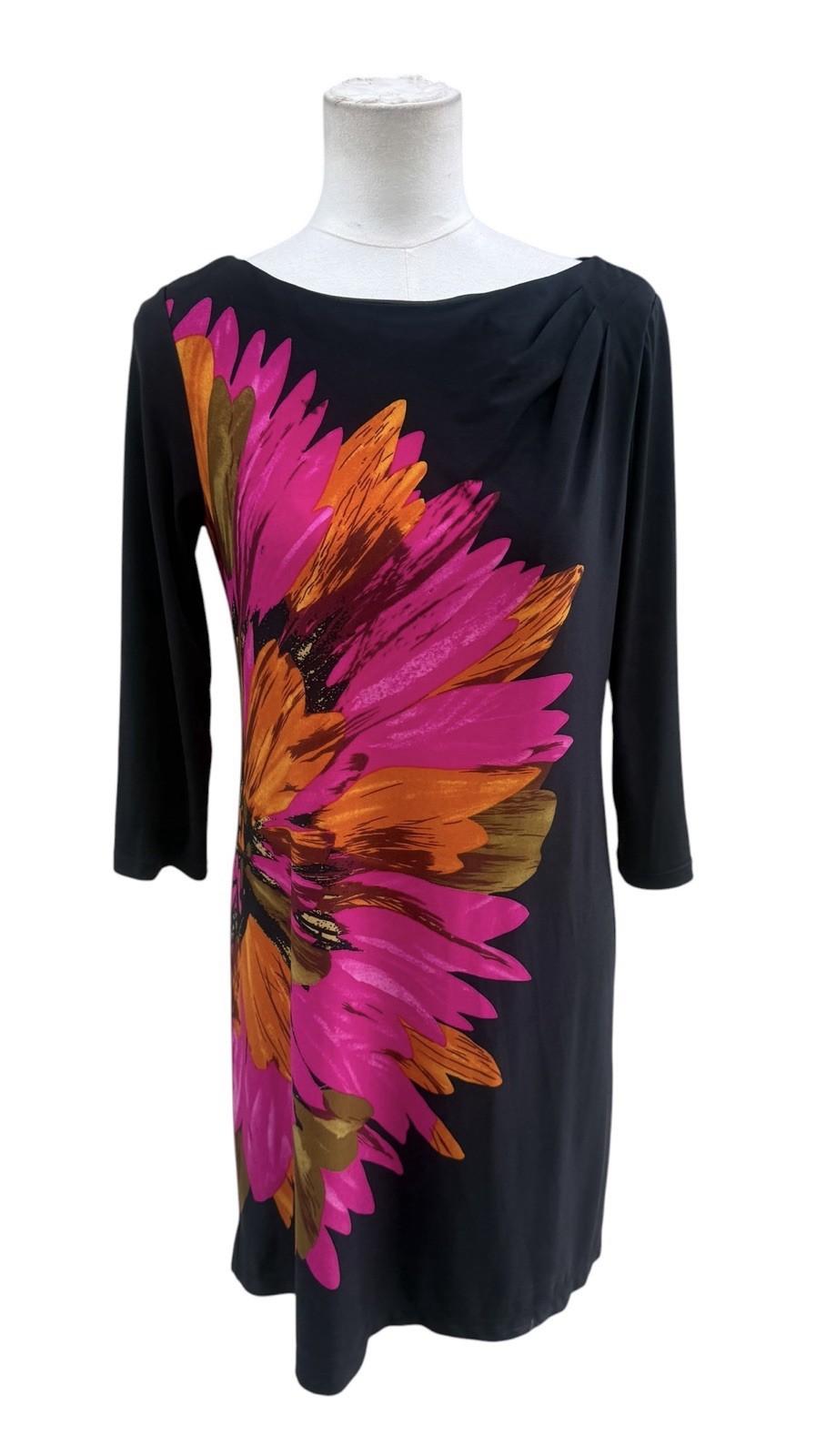 Maggy London Floral Sheath Dress Black Pink Orange 3/4 Sleeve Size 8