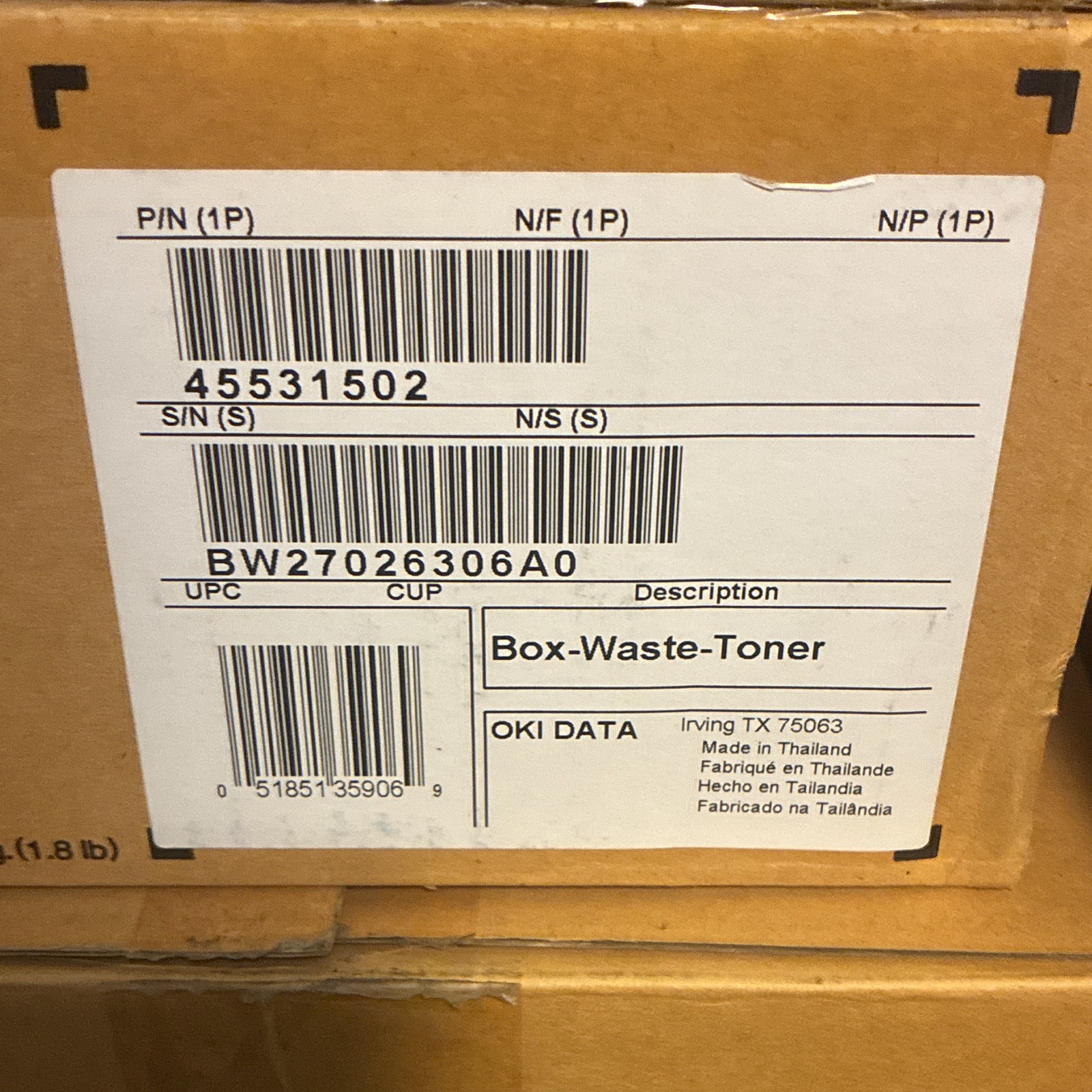 OKI DATA Genuine/Original Box-Waste-Toner 45531502 BW27026306A0