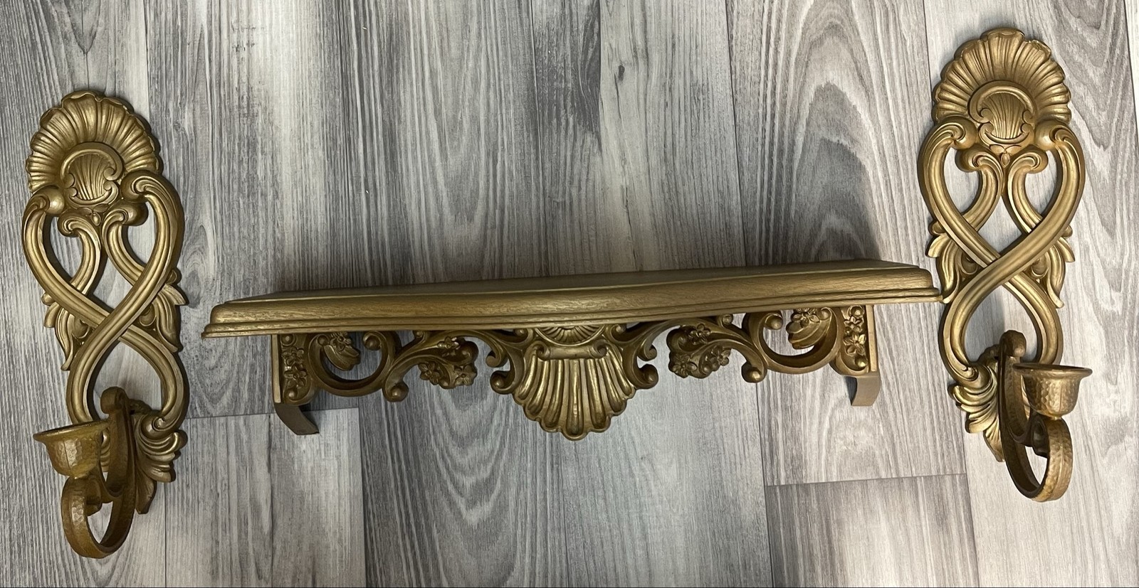 Vintage Homco Gold Hollywood Regency Wall Candle Sconces & Shelf Set Plastic