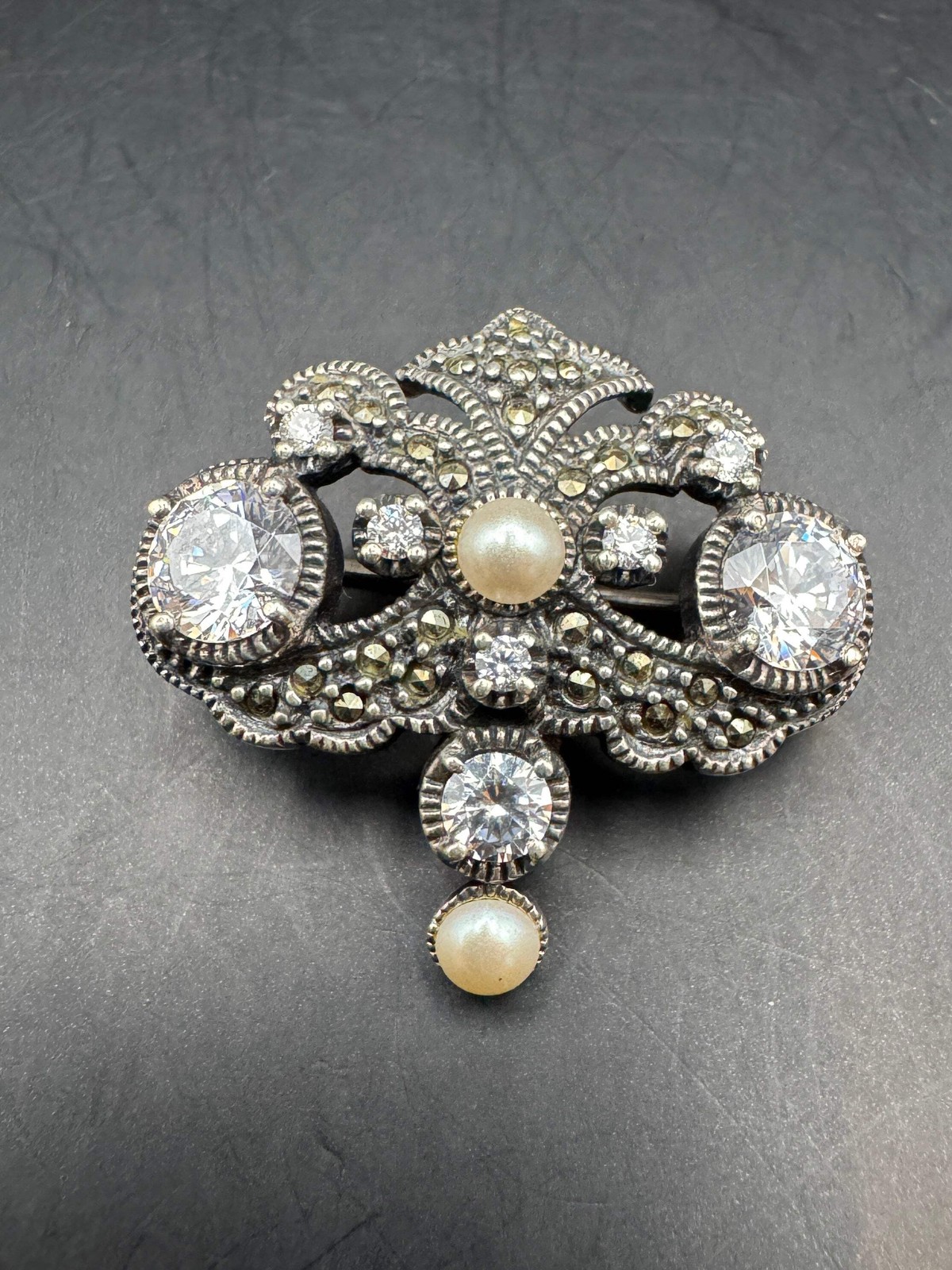 Vintage Judith Jack Sterling Silver Marcasite Brooch Cubic Zirconia Faux Pearl P