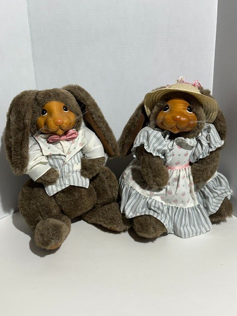 1987 Vintage Robert Raikes Plush Rabbit Bunny Wooden Face Boy & Girl set Number