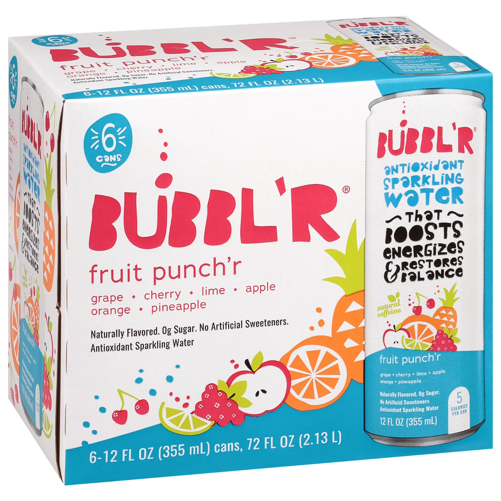 BUBBL\'R Antioxidant Sparkling Water, Fruit Punch\'r, 12 fl oz, 6 Pack Cans