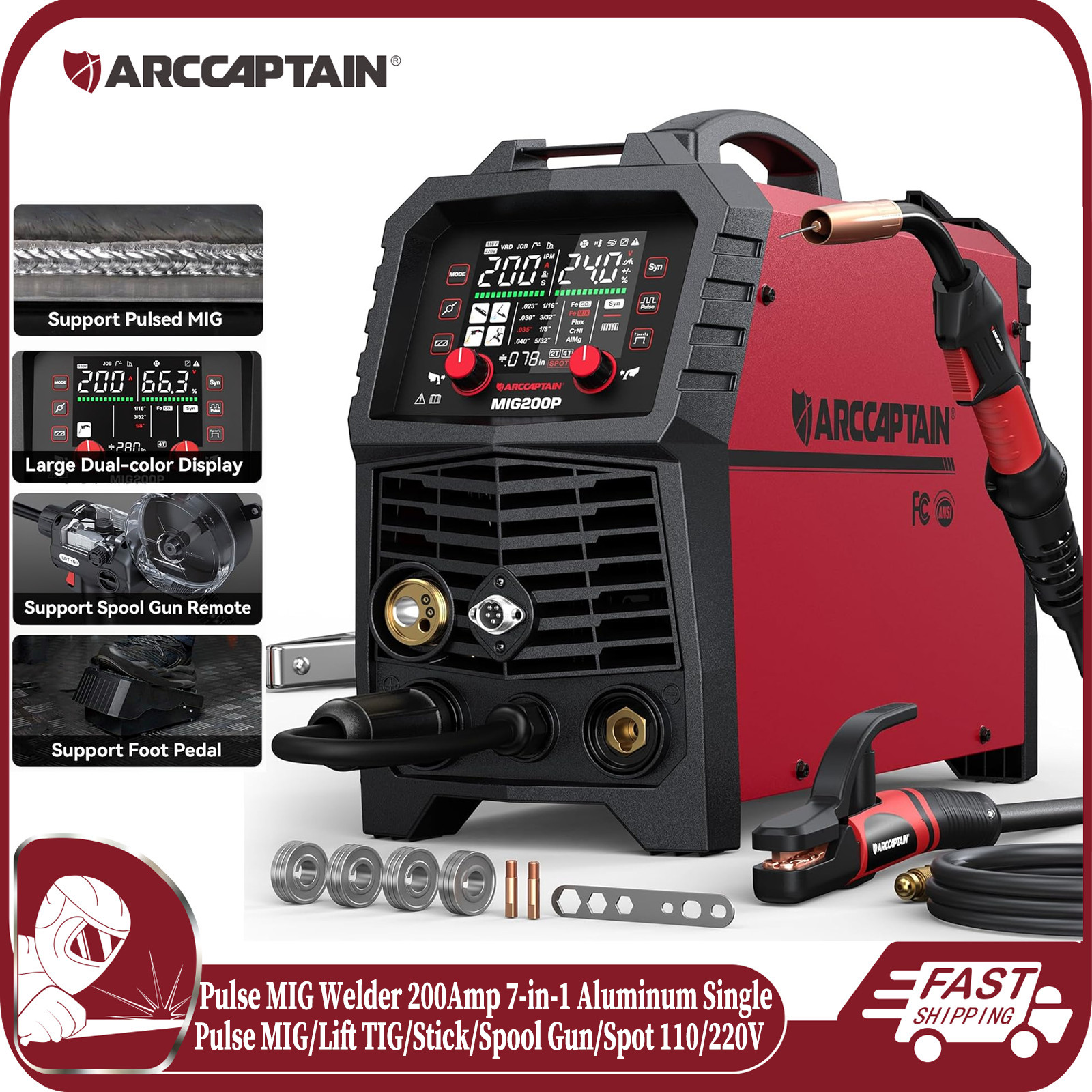 ARCCAPTAIN Pulse MIG Welder MIG200P 7-in-1 Flux Core MIG/Lift TIG/MMA 110V 220V