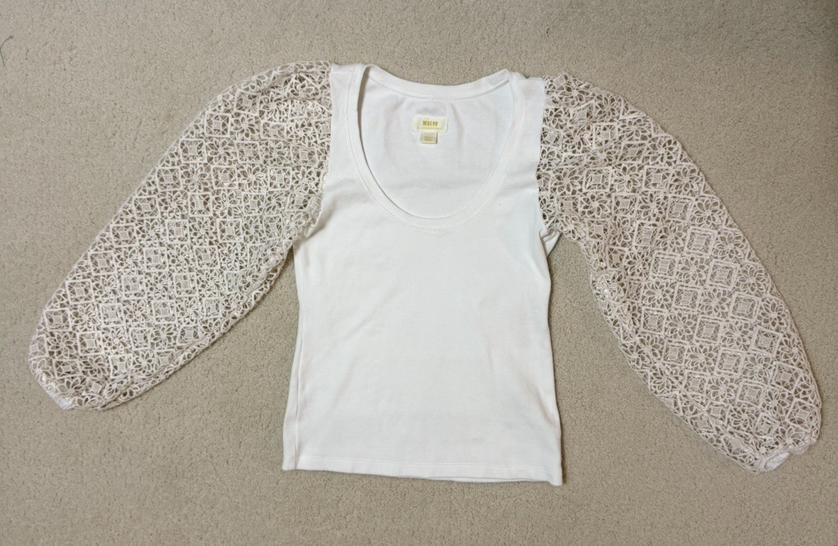 Maeve by Anthropologie Lace Crochet Sleeve Top Off White Womens Small Fairy Y2K