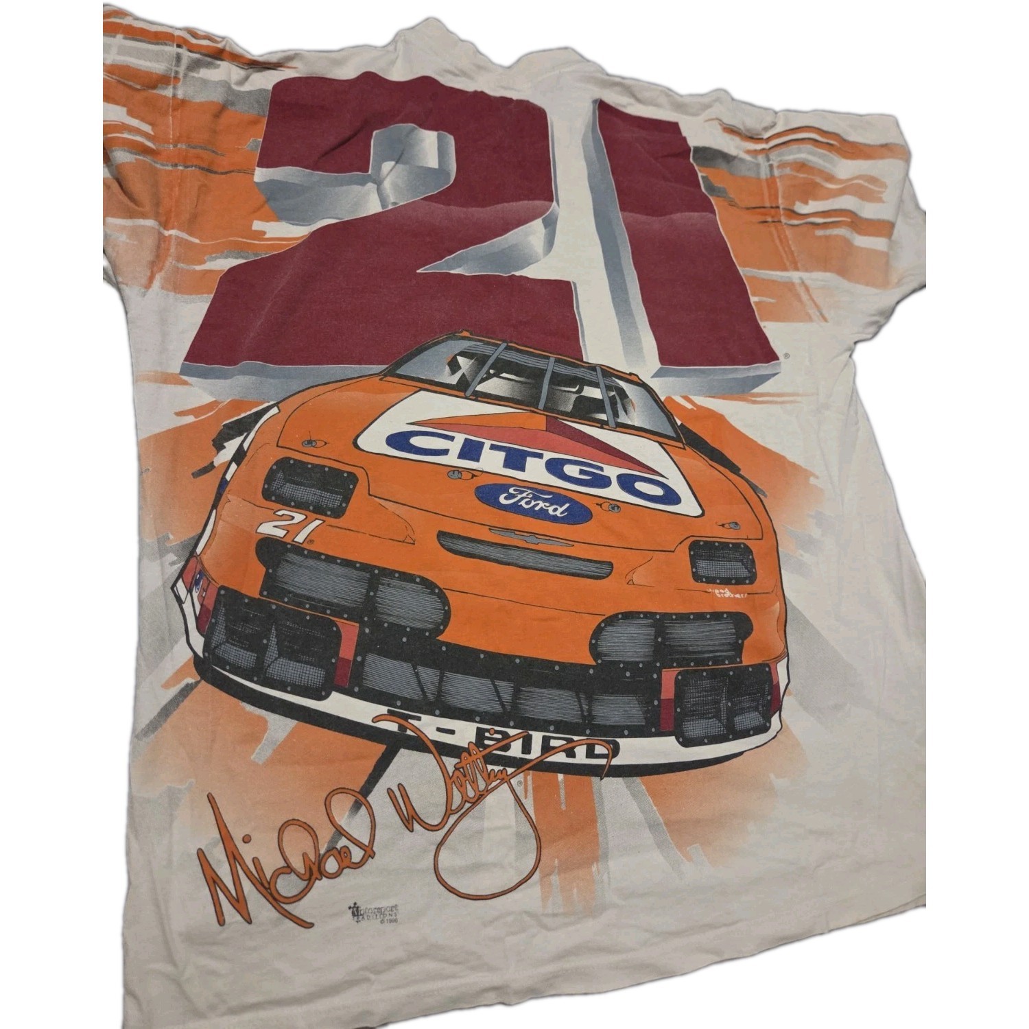 1996 All over print nascar Shirt #21 Michael Waltrip. Stains and wear